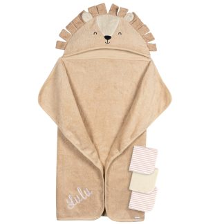Embroidered 4-Piece Baby Neutral Brown Lion Towel & Washcloths Set