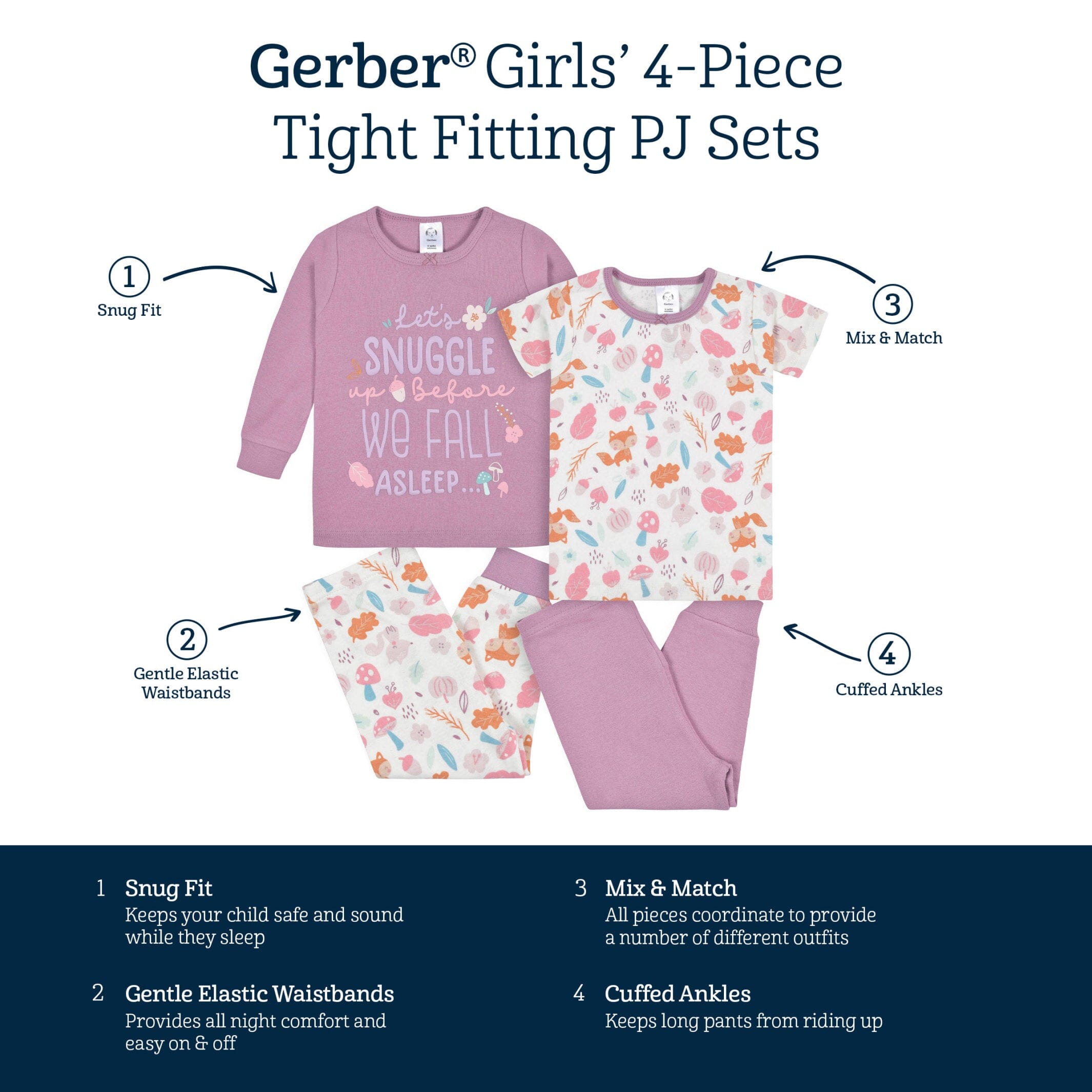 4-Piece Infant & Toddler Girls Purple Woodland Snug Fit Cotton Pajamas - Image 9