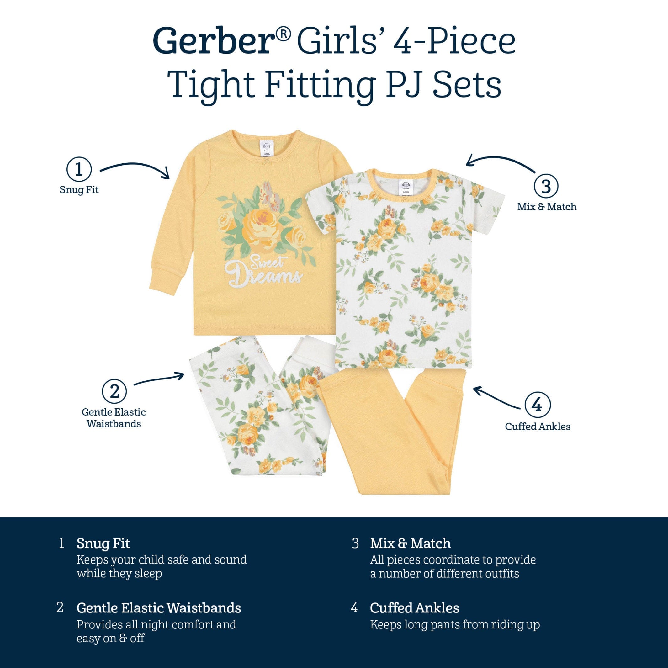 4-Piece Infant & Toddler Girls Golden Flowers Snug Fit Cotton Pajamas - Image 7