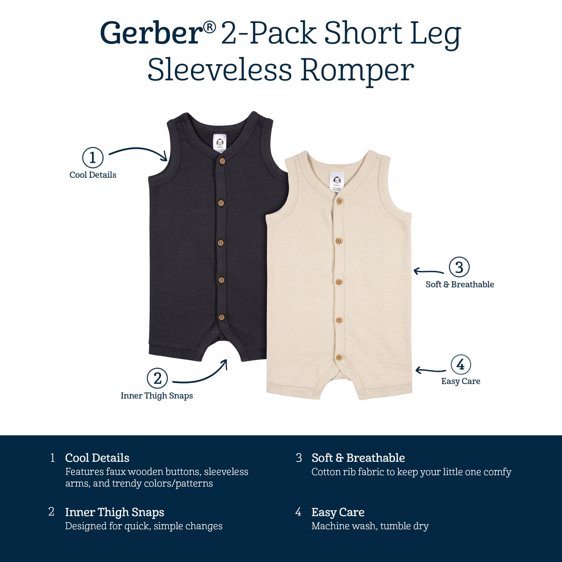 2-Pack Baby Boys Tan & Dark Gray Short Leg Sleeveless Romper, 24M - Image 7