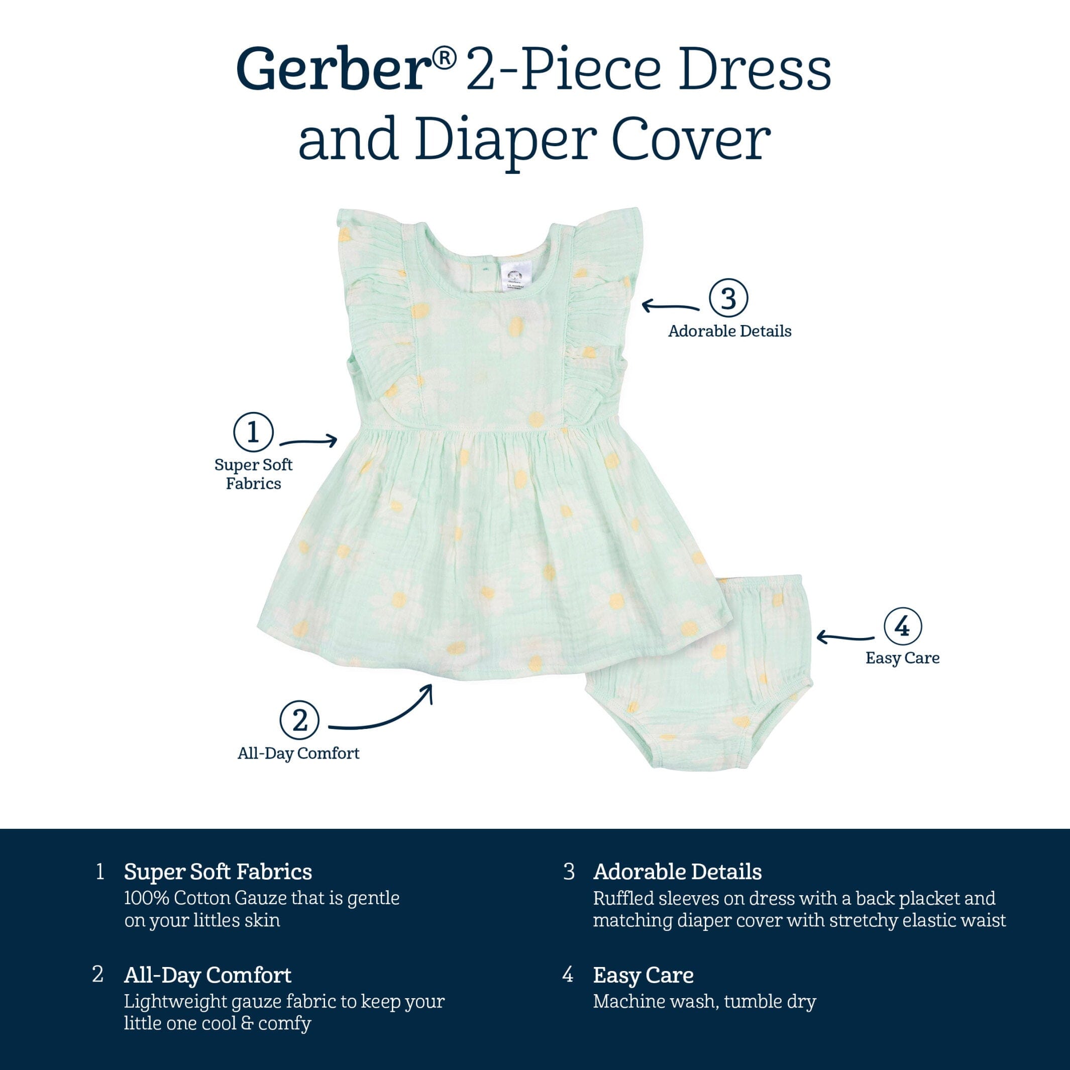 2-Piece Toddler Girls Daisies Gauze Dress & Diaper Cover Set, 5T - Image 7