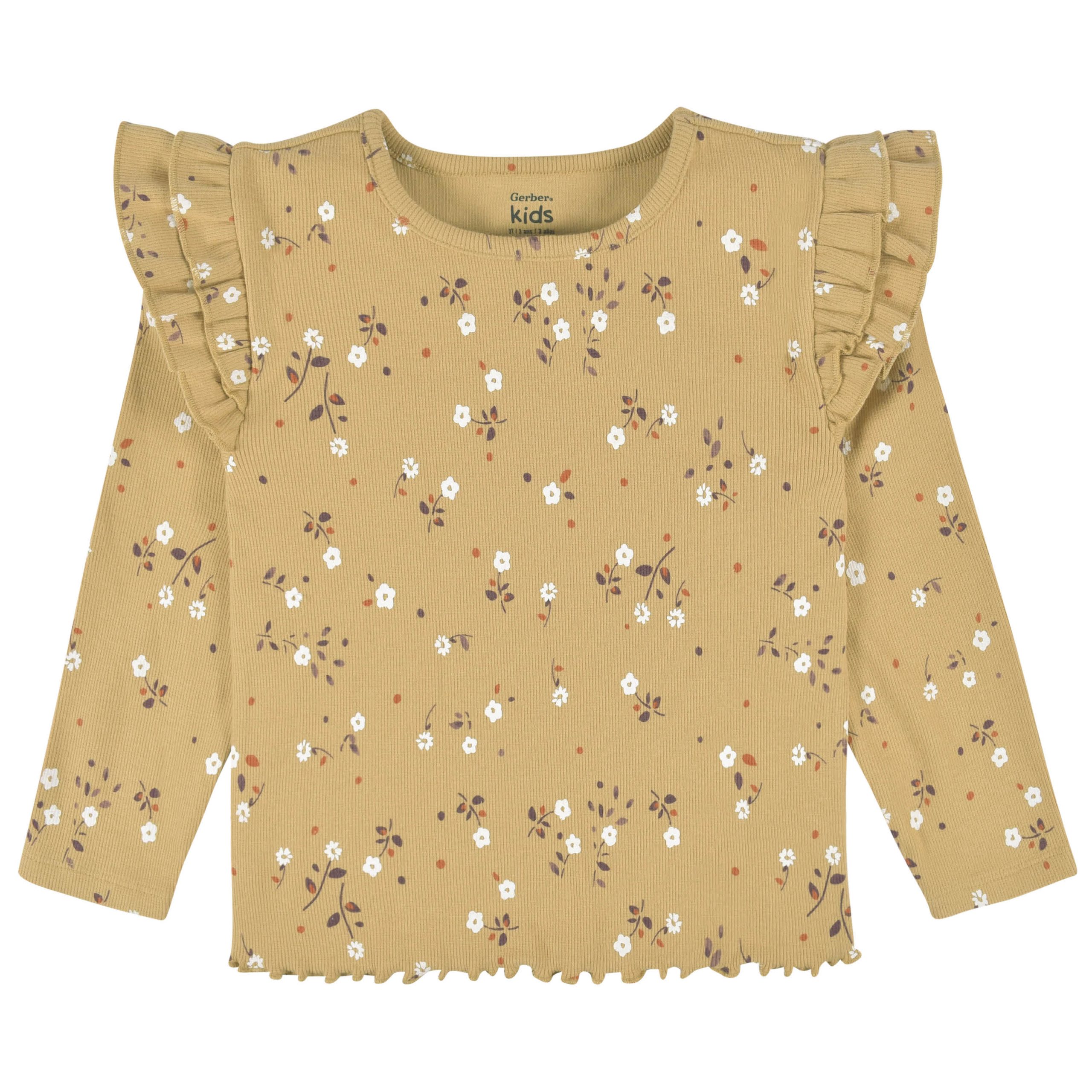 2-Pack Toddler Girls Mustard Floral Double Ruffle Tops, 5T - Image 2