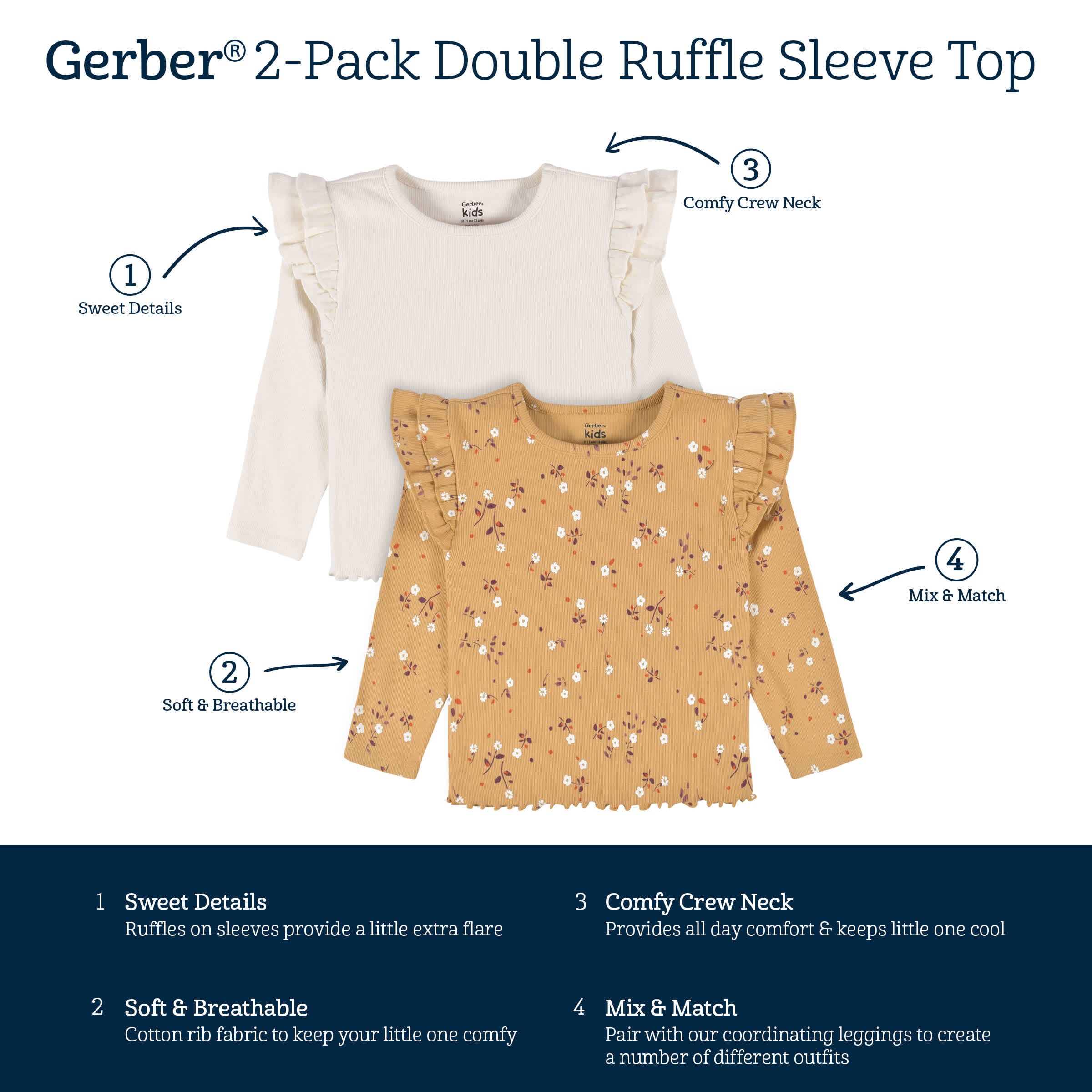 2-Pack Toddler Girls Mustard Floral Double Ruffle Tops, 5T - Image 8