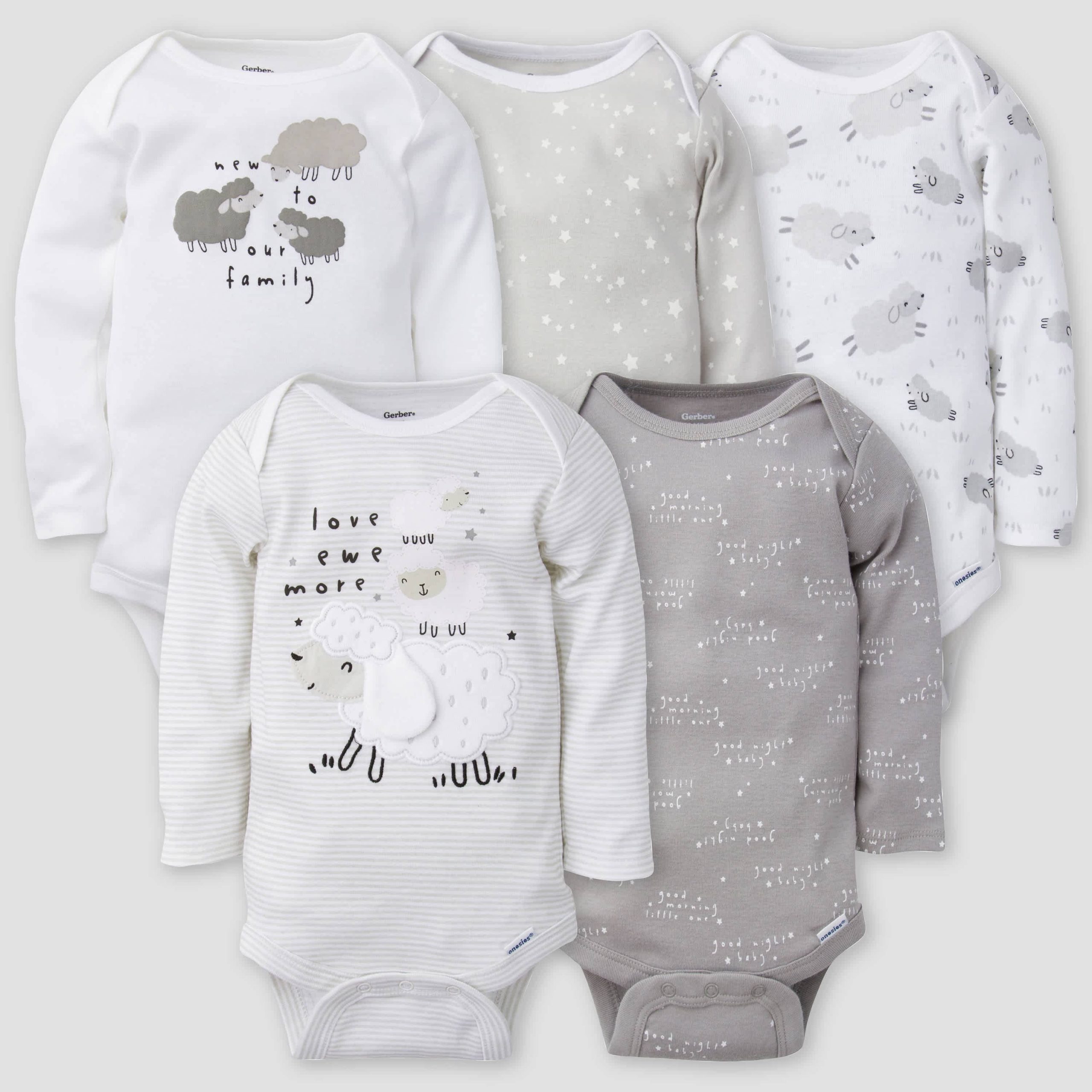 5-Pack Baby Neutral Lamb Long Sleeve Onesies® Bodysuits