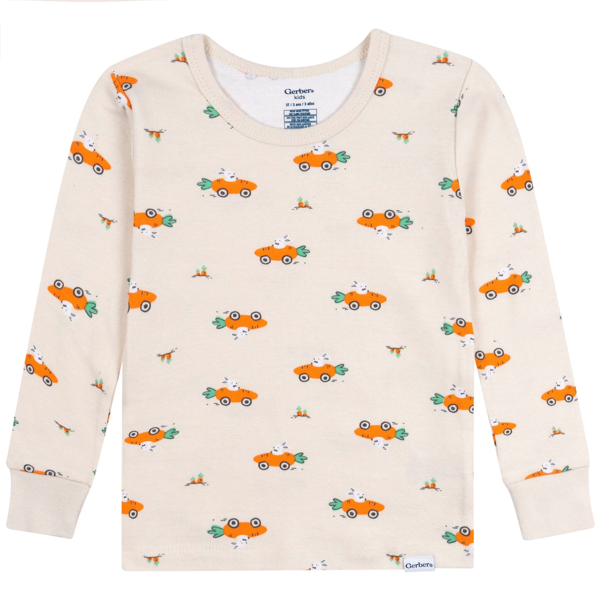 2-Piece Infant & Toddler Neutral Bunny Carrot Cars Cotton Pajamas - Image 2