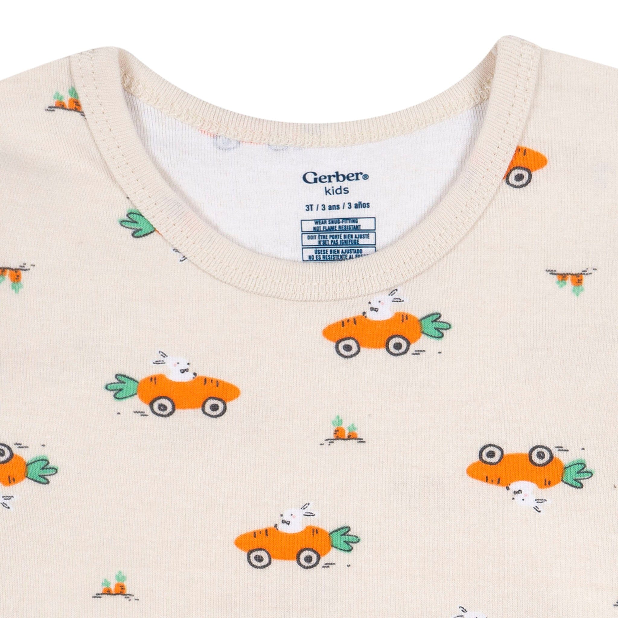 2-Piece Infant & Toddler Neutral Bunny Carrot Cars Cotton Pajamas - Image 3