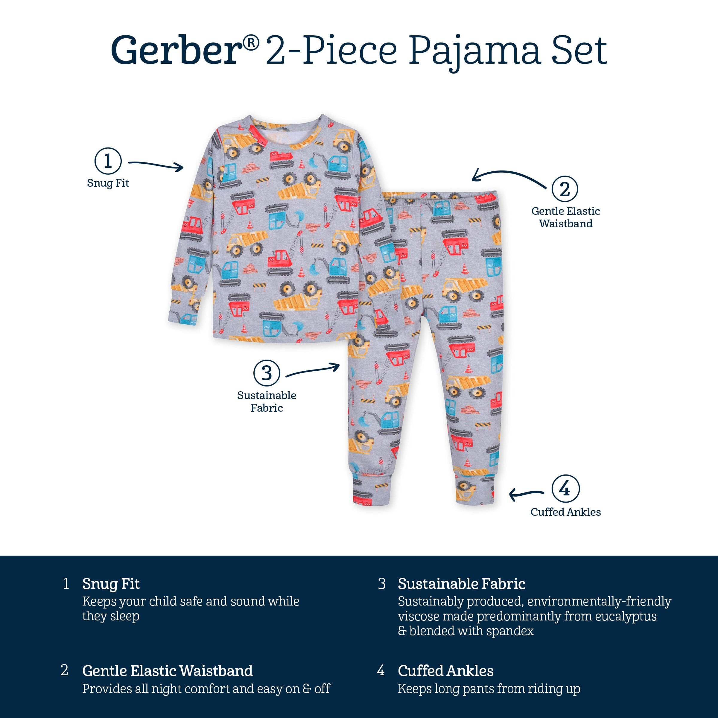 2-Piece Infant & Toddler Boys Construction Trucks Buttery Soft Viscose Made from Eucalyptus Snug Fit Pajamas - Image 7