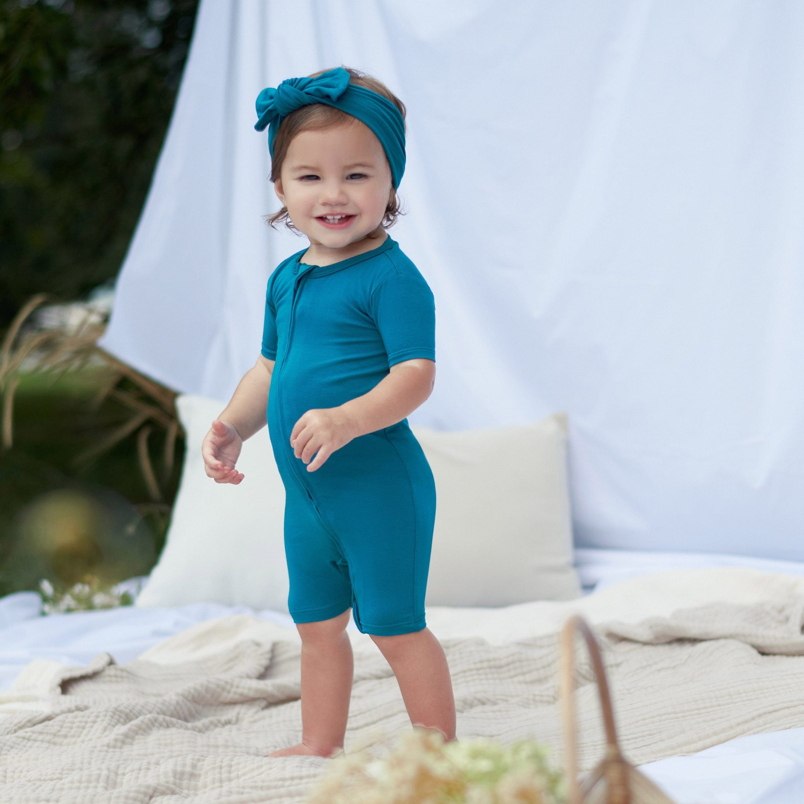 Baby Ocean Teal Buttery Soft Viscose Made from Eucalyptus Snug Fit Romper - Image 4