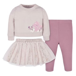 3-Piece Baby & Toddler Girls Purple Woodland French Terry Top, Tulle Tutu, & Legging Set