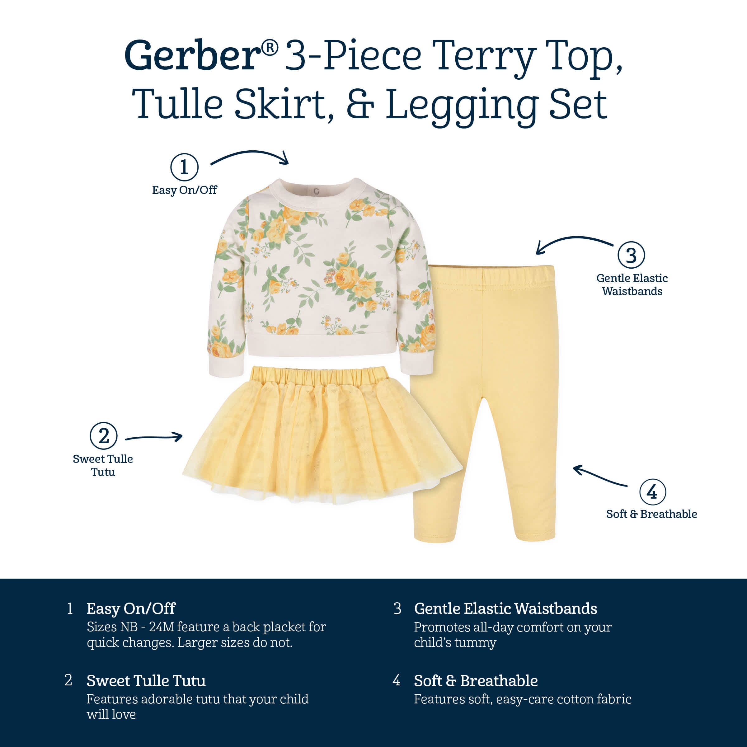 3-Piece Baby & Toddler Girls Golden Flowers French Terry Top, Tulle Tutu, & Legging Set - Image 9