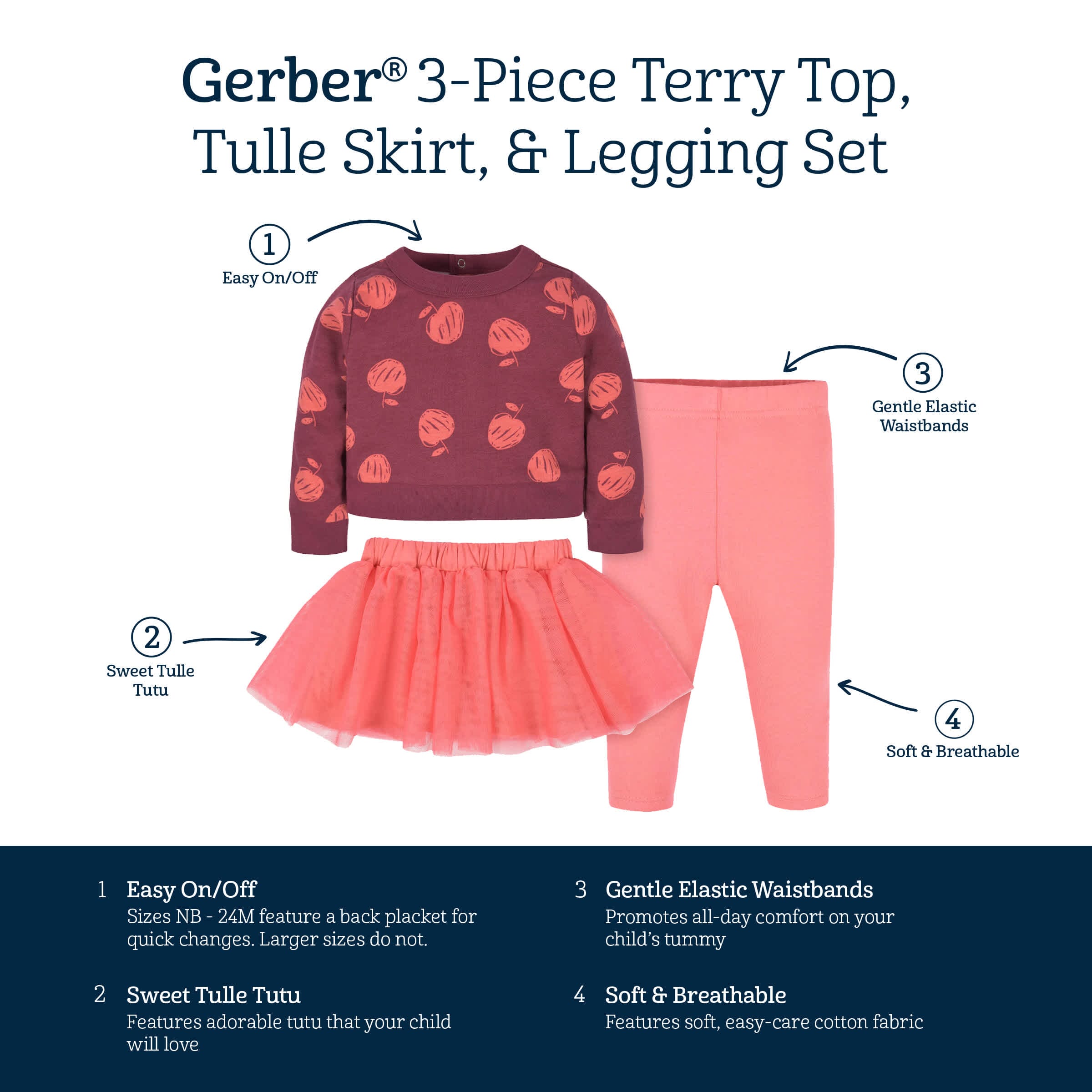 3-Piece Baby & Toddler Girls Apple Bouquets French Terry Top, Tulle Tutu, & Legging Set - Image 7