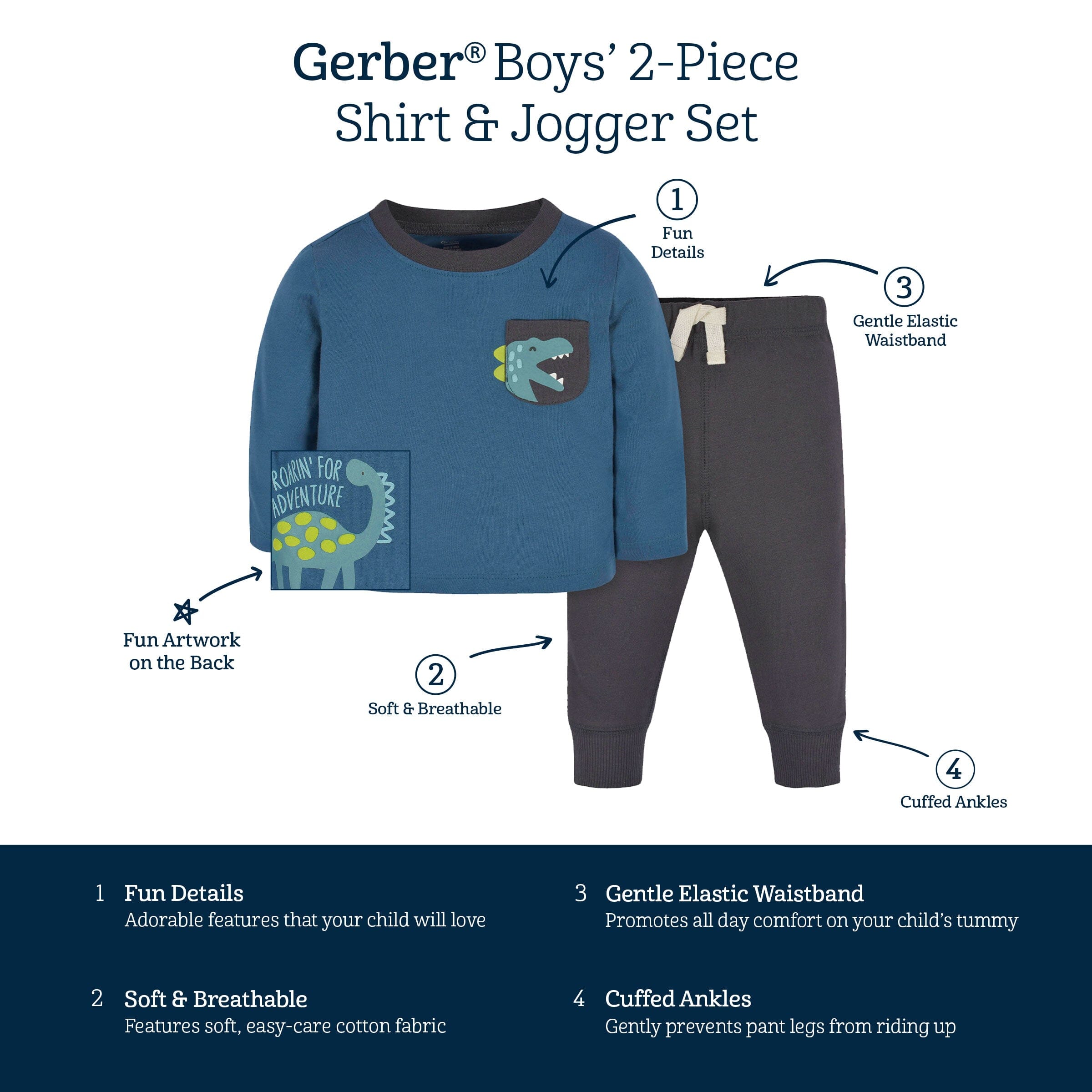 2-Piece Baby & Toddler Boys Navy Dino Long Sleeve Shirt & Jogger Pants Set - Image 7