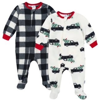 2-Pack Baby & Toddler Neutral Trucks Footed Fleece Pajamas