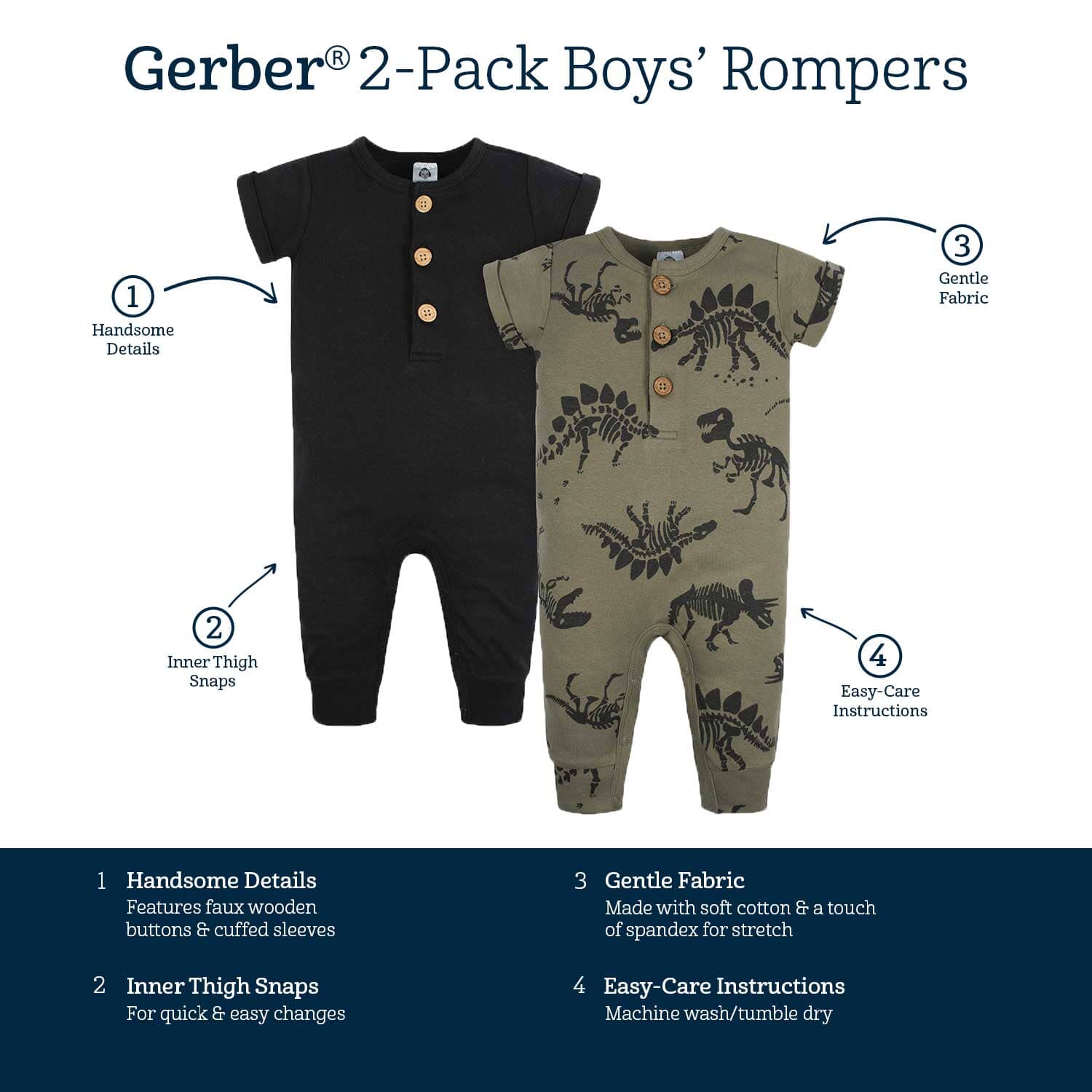 2-Pack Baby Boys Fossils & Black Short Sleeve Rompers - Image 8