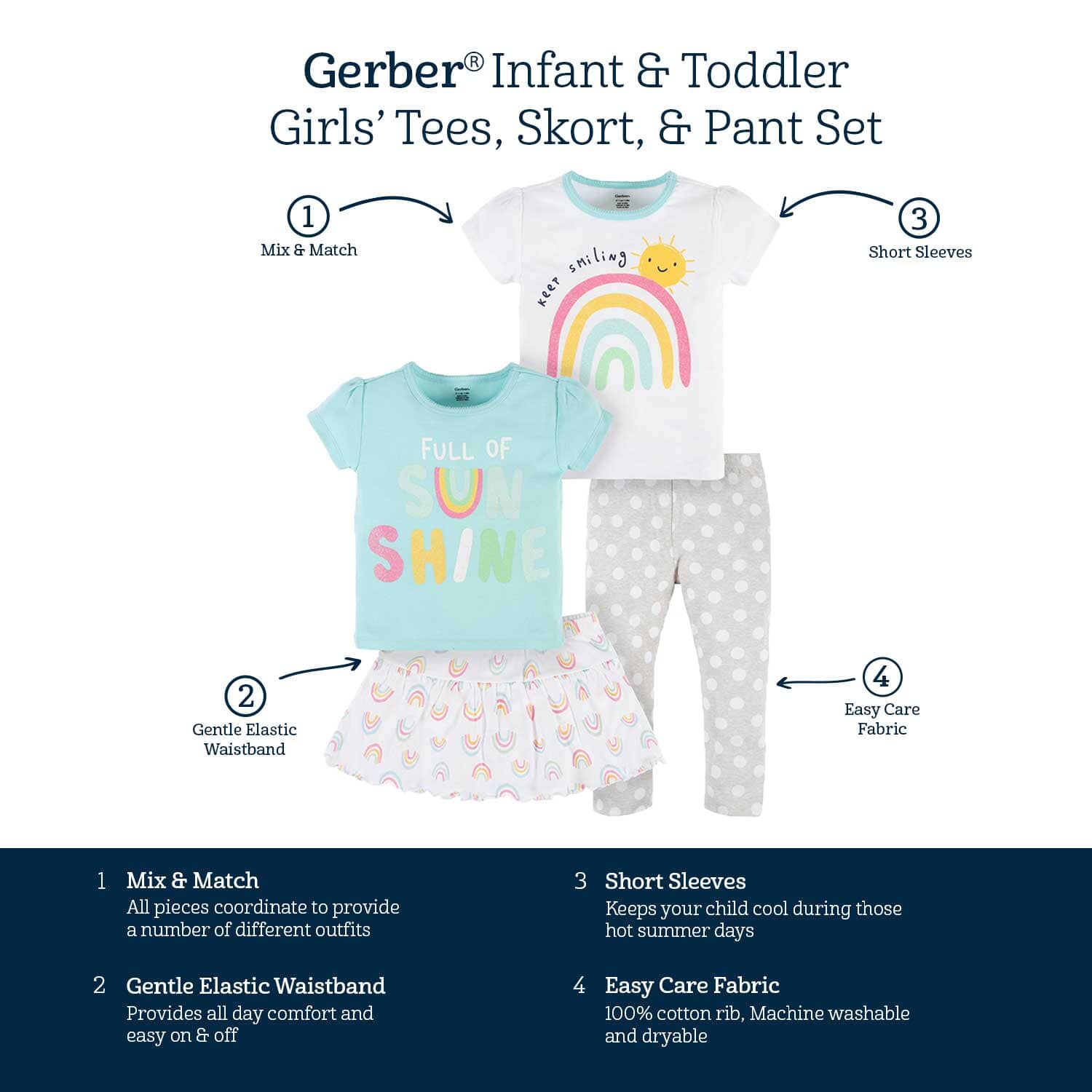 4-Piece Infant & Toddler Girls Dots Of Rainbows Tees, Skort & Pants Set - Image 8