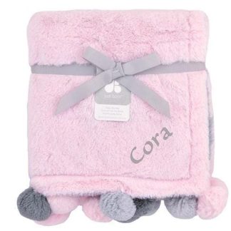 Embroidered Cuddle Plush Pom Pom Blanket in Pink