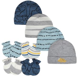 8-Piece Baby Boys Dino Caps & Mittens Set
