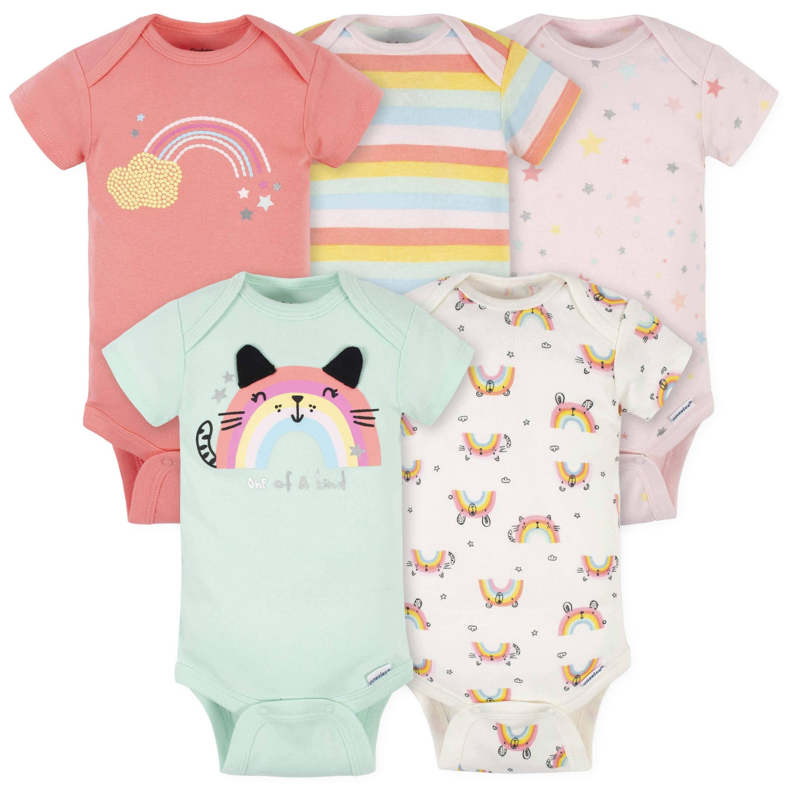 5-Pack Baby Girls Rainbow Short Sleeve Onesies® Bodysuits