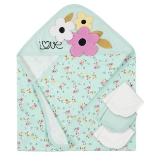 4-Piece Baby Girls Floral Hooded Towel & Washcloth Set