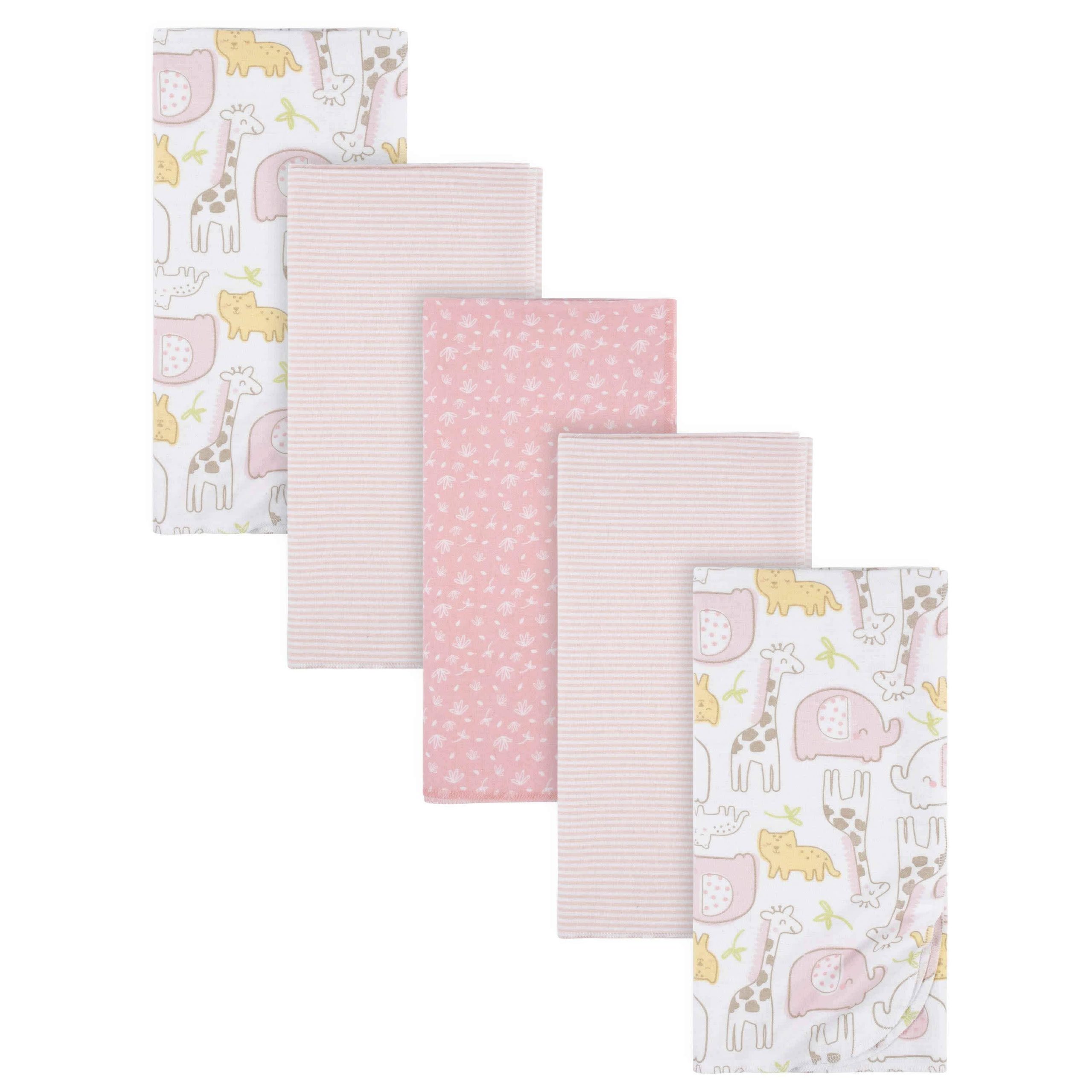 5-Pack Baby Girls Pink Safari Flannel Receiving Blankets