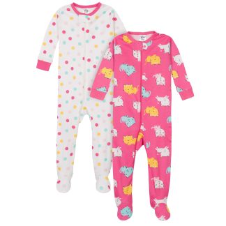 2-Pack Baby Girls Cats Snug Fit Footed Cotton Pajamas, 0-3M