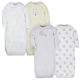 4-Pack Clouds & Elephants Baby Neutral Gowns