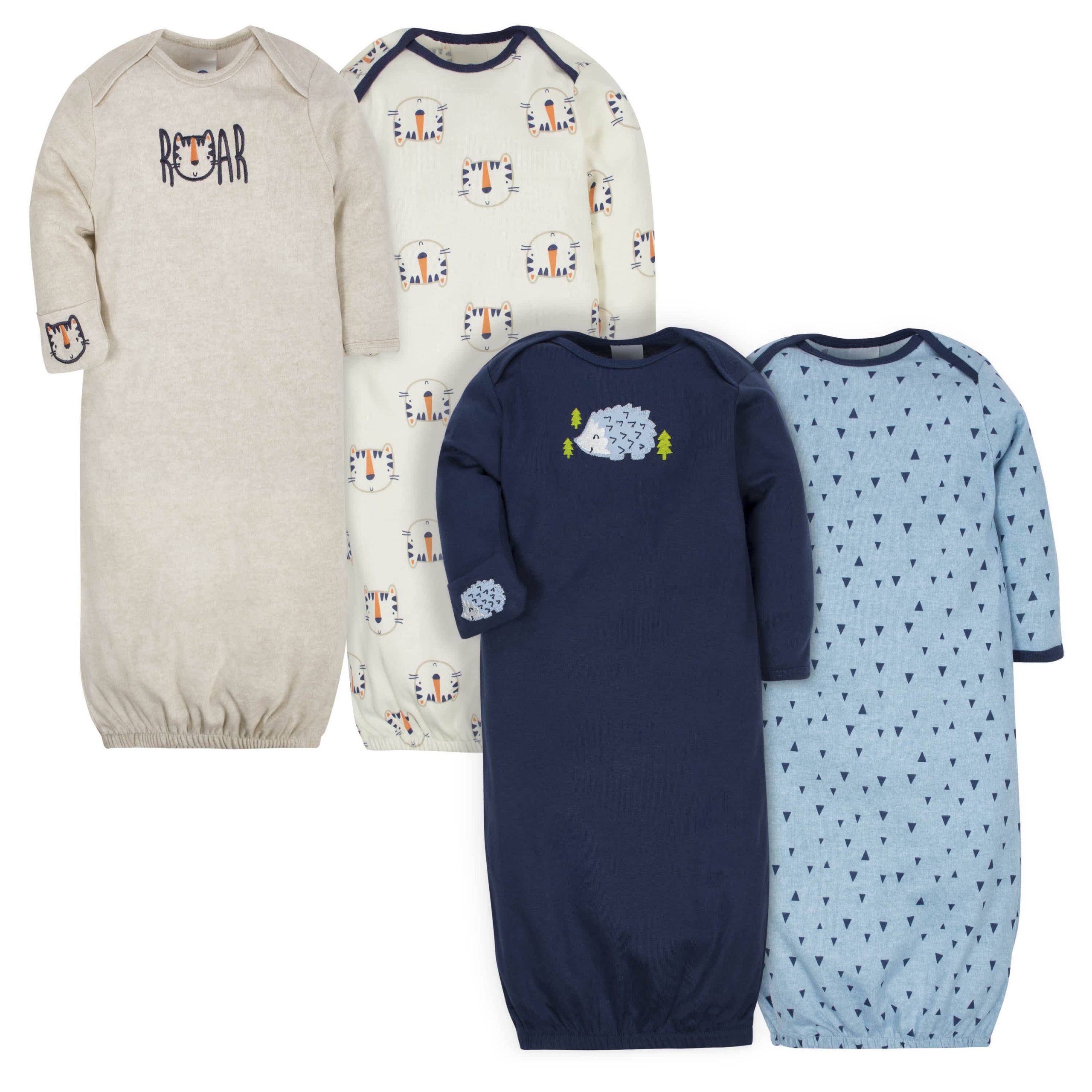 4-Pack Tiger & Hedgehog Baby Boys Gowns