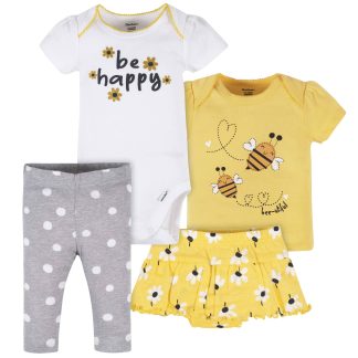 4-Piece Baby Girls Bee Garden Onesies® Bodysuit, Tee, Skort & Pant Set