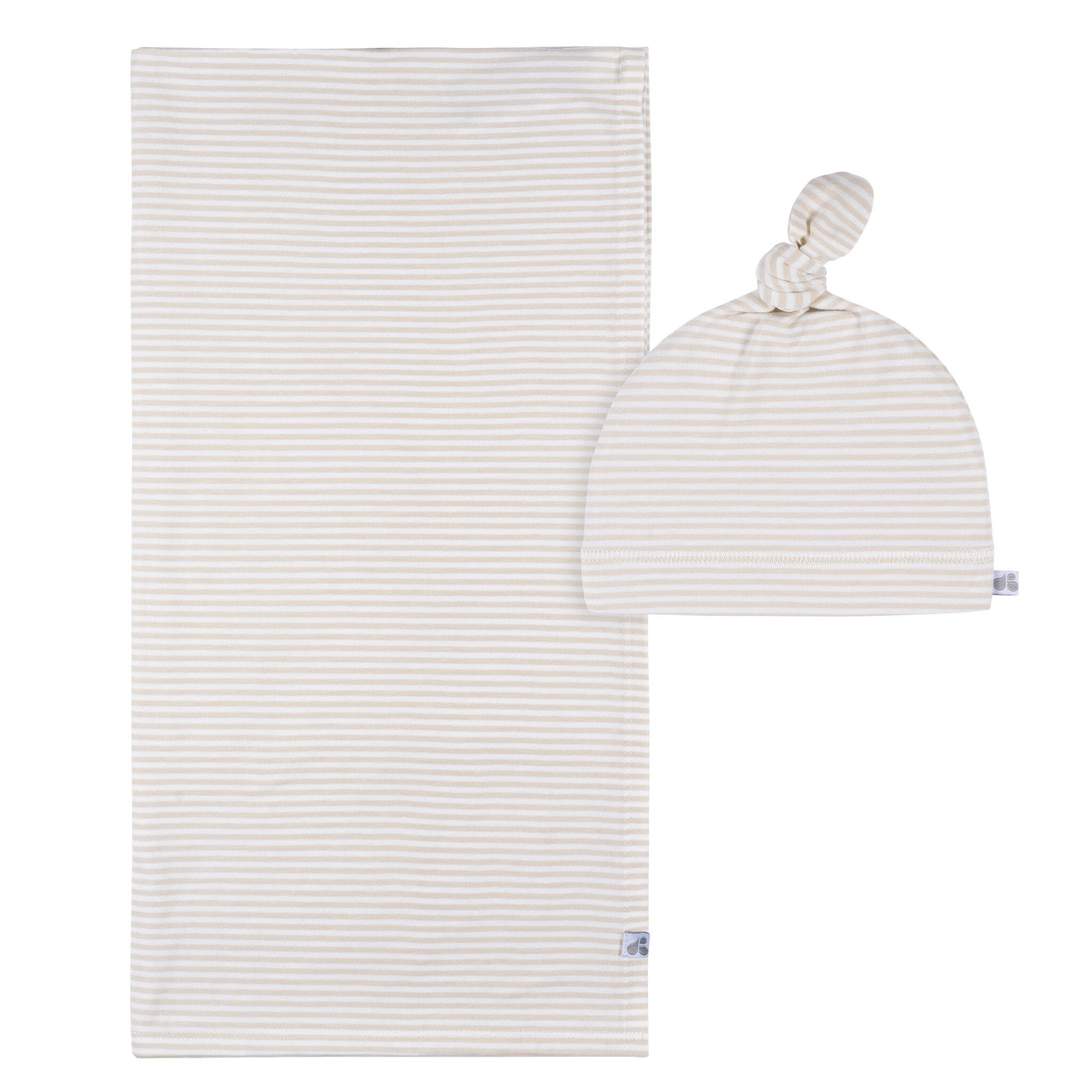 2-Piece Baby Neutral Tan Stripe Swaddle Blanket & Hat Set