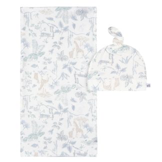 2-Piece Baby Boys Ivory Blue Palms Swaddle Blanket & Hat Set