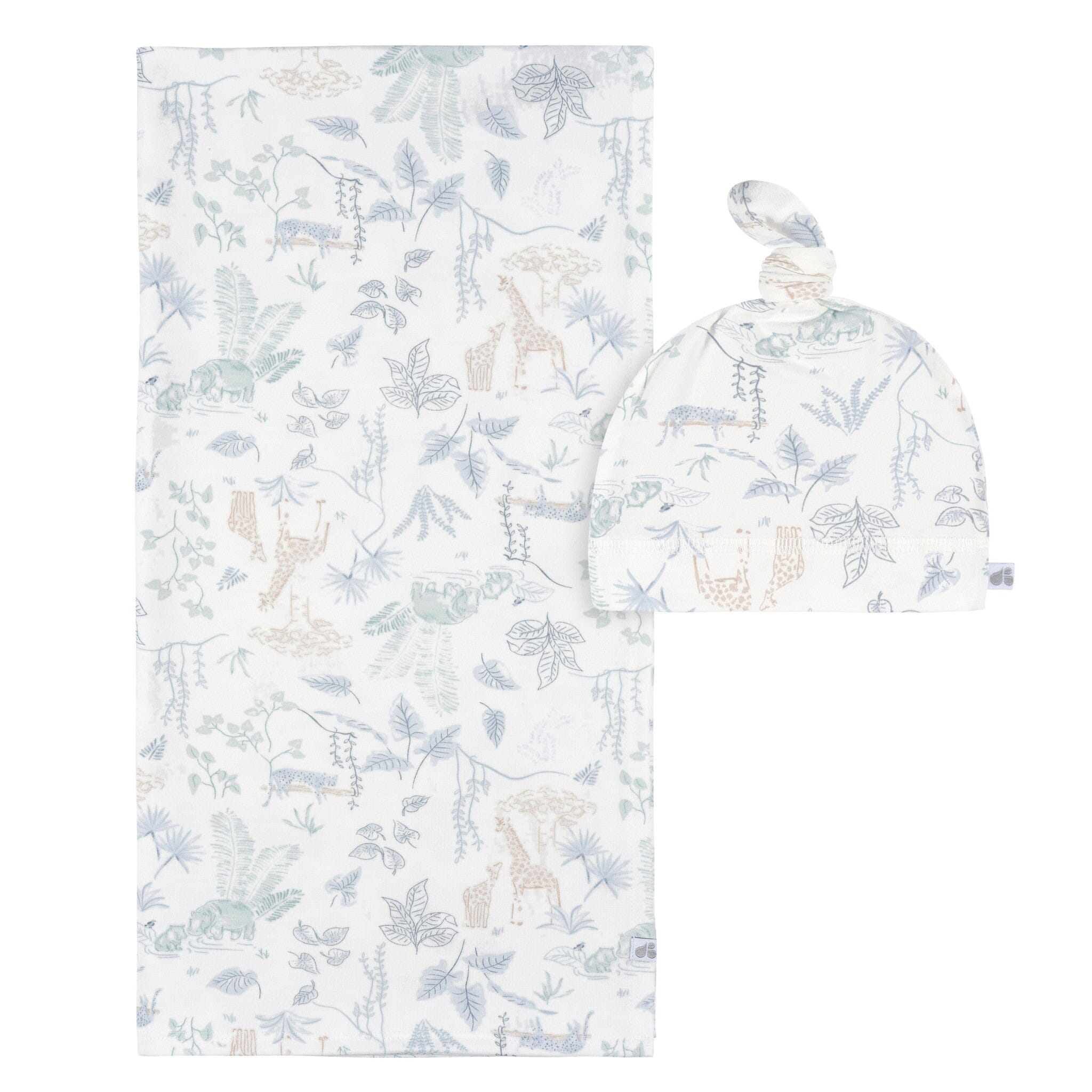 2-Piece Baby Boys Ivory Blue Palms Swaddle Blanket & Hat Set