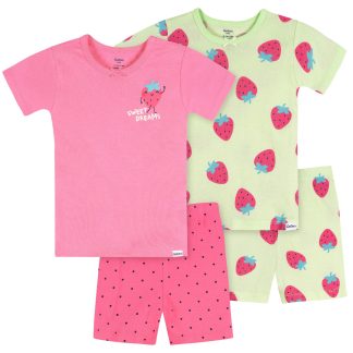 4-Piece Infant & Toddler Girls Pink and Green Strawberries Cotton Pajama Short Set
