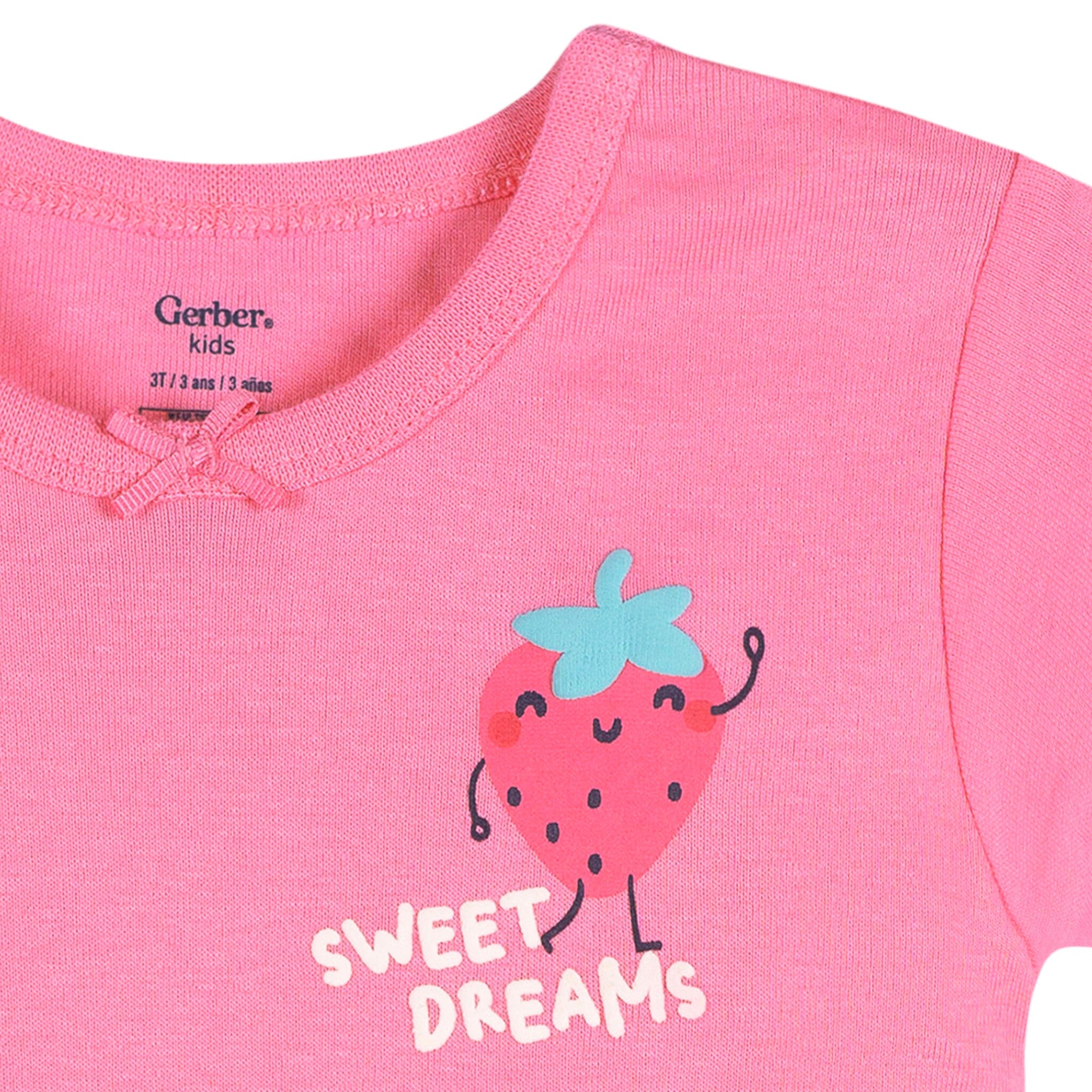4-Piece Infant & Toddler Girls Pink and Green Strawberries Cotton Pajama Short Set - Image 3