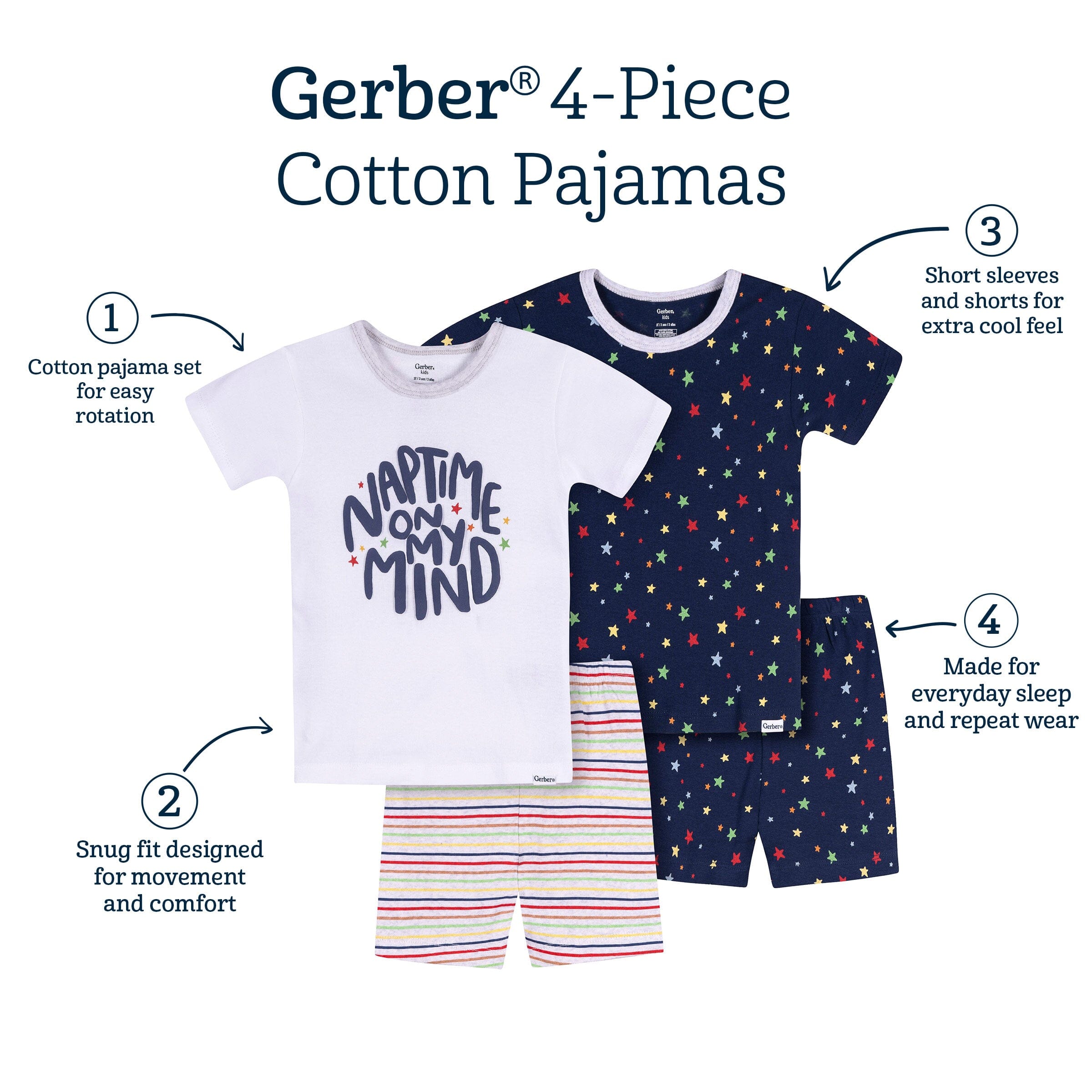 4-Piece Infant & Toddler Neutral Blue Naptime Cotton Pajama Short Set - Image 7