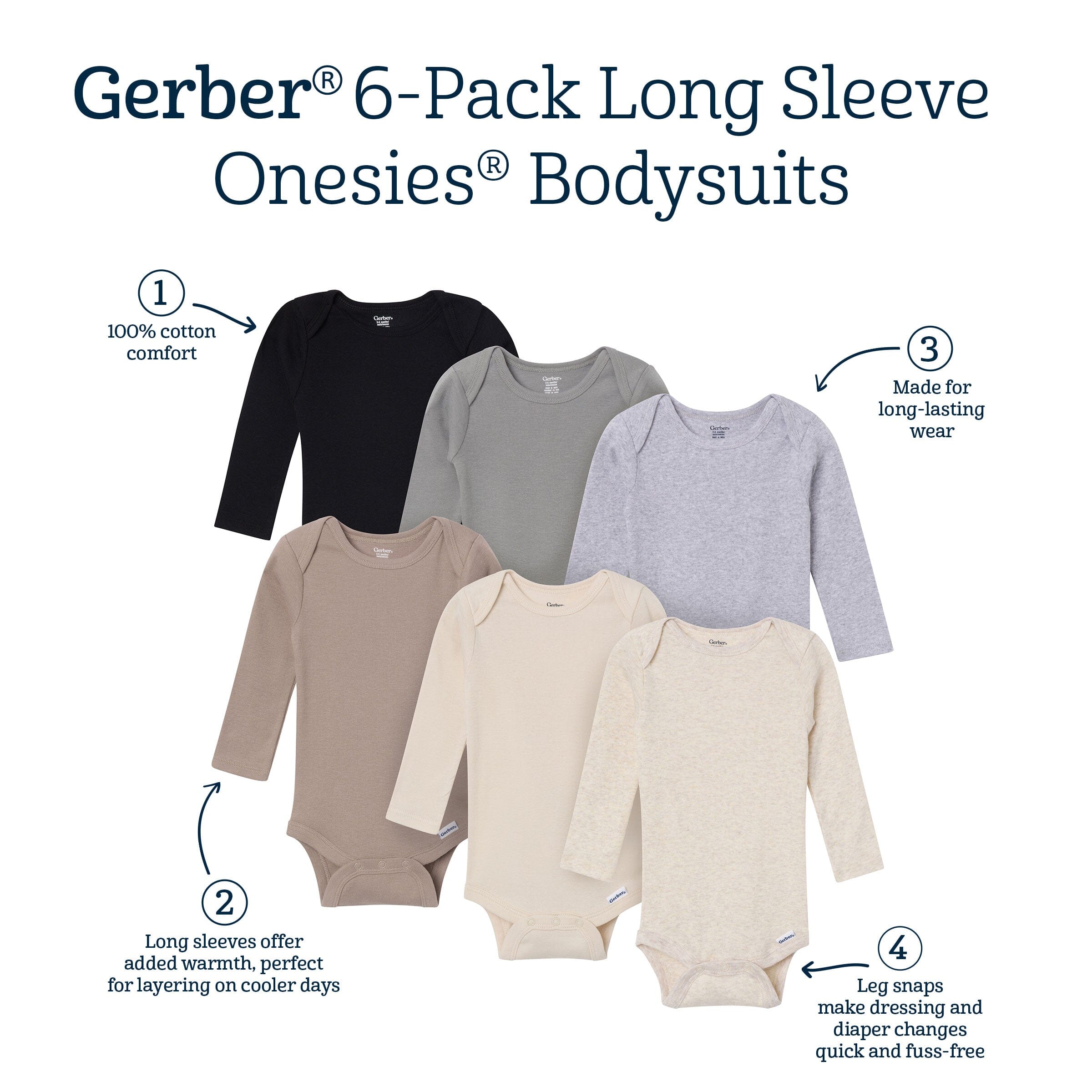 6-Pack Baby Neutral Gray, Black and Brown Long Sleeve Bodysuits - Image 12
