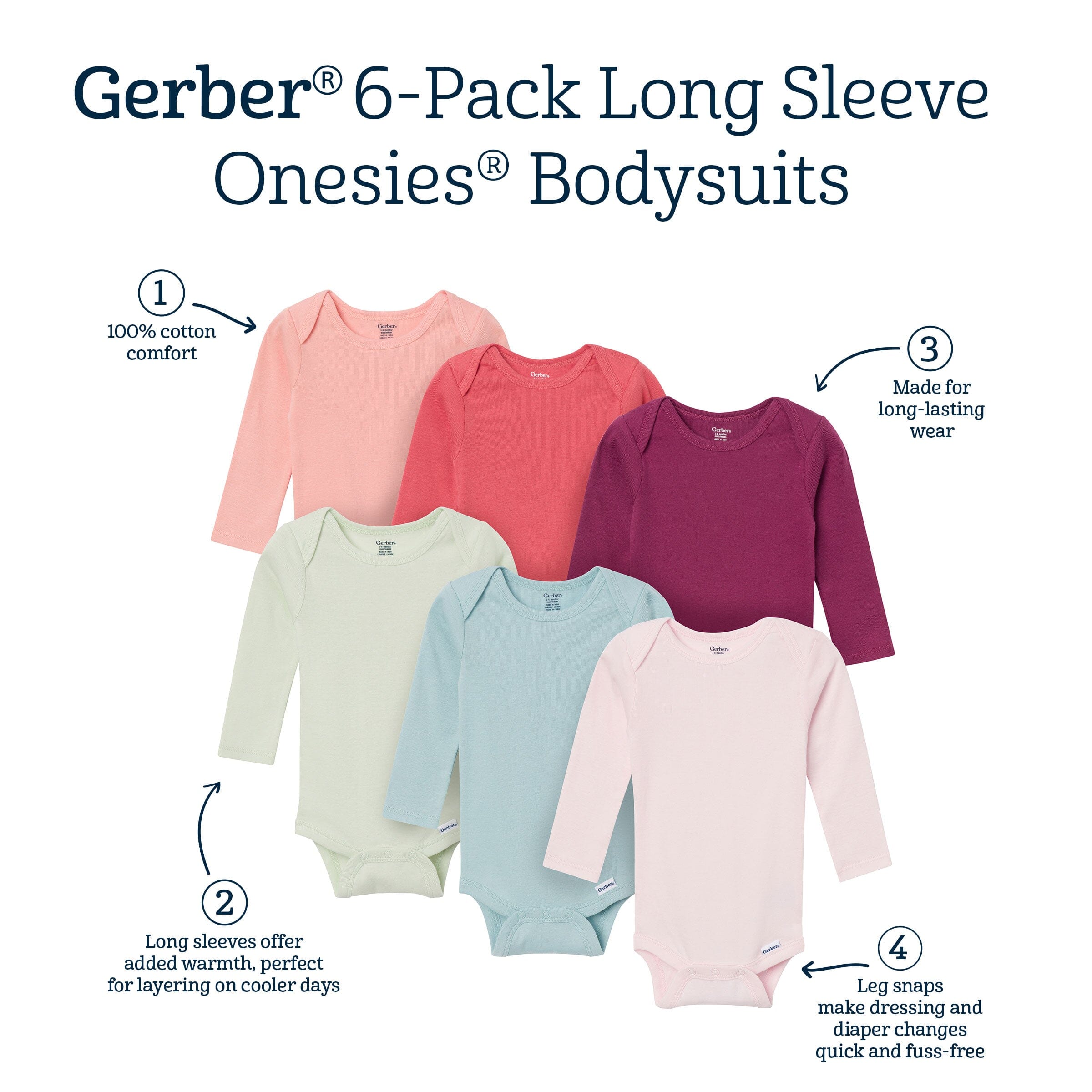 6-Pack Baby Girls Pink, Purple and Green Long Sleeve Bodysuits - Image 11