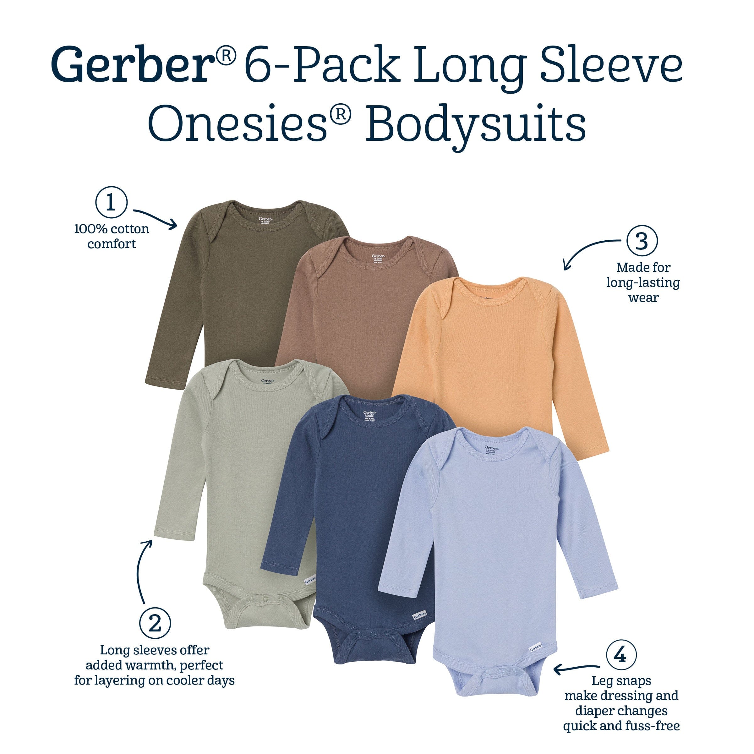6-Pack Baby Boys Blue, Green, Brown and Yellow Long Sleeve Bodysuits - Image 11
