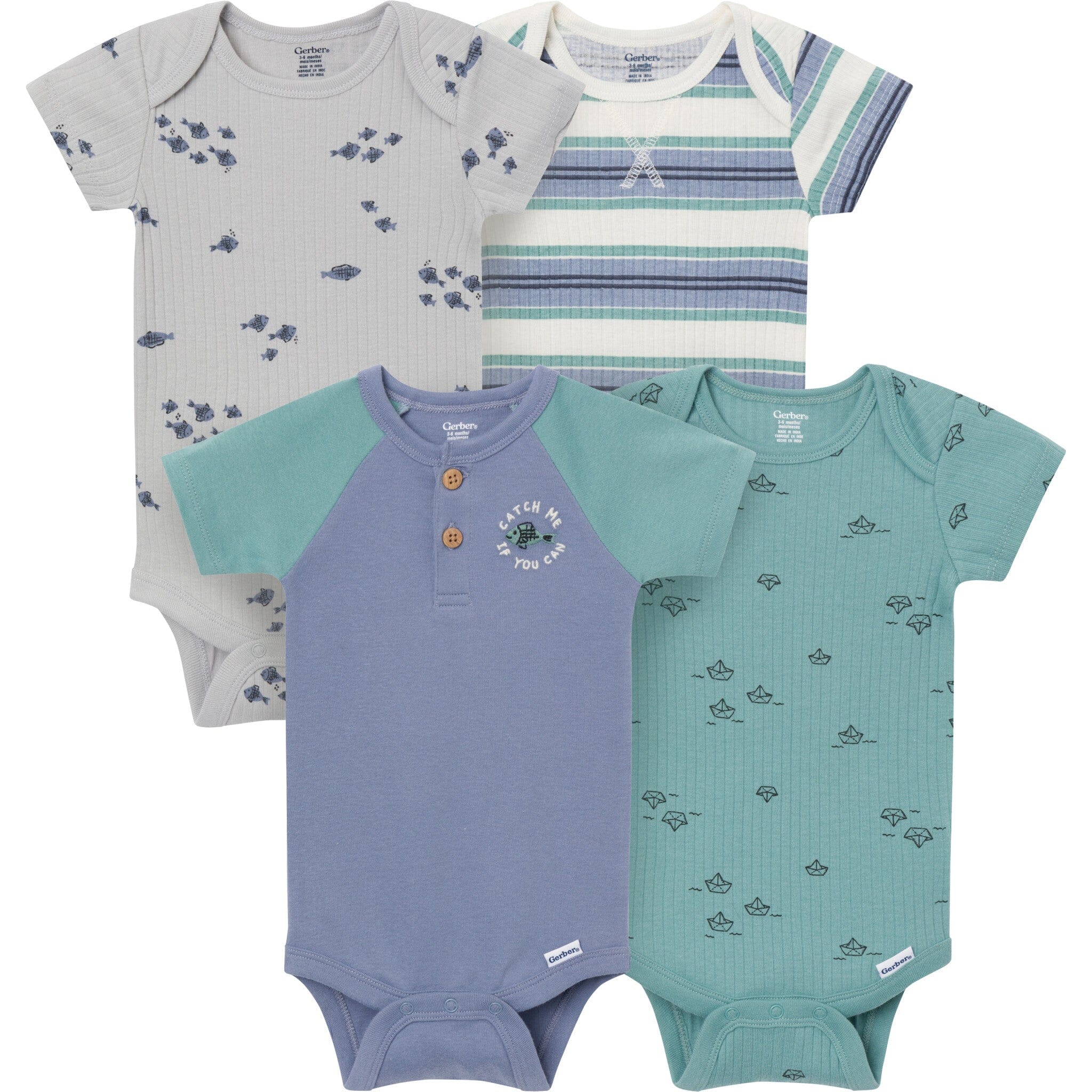4-Pack Baby Boys Catch Me Fishing Short Sleeve Bodysuits