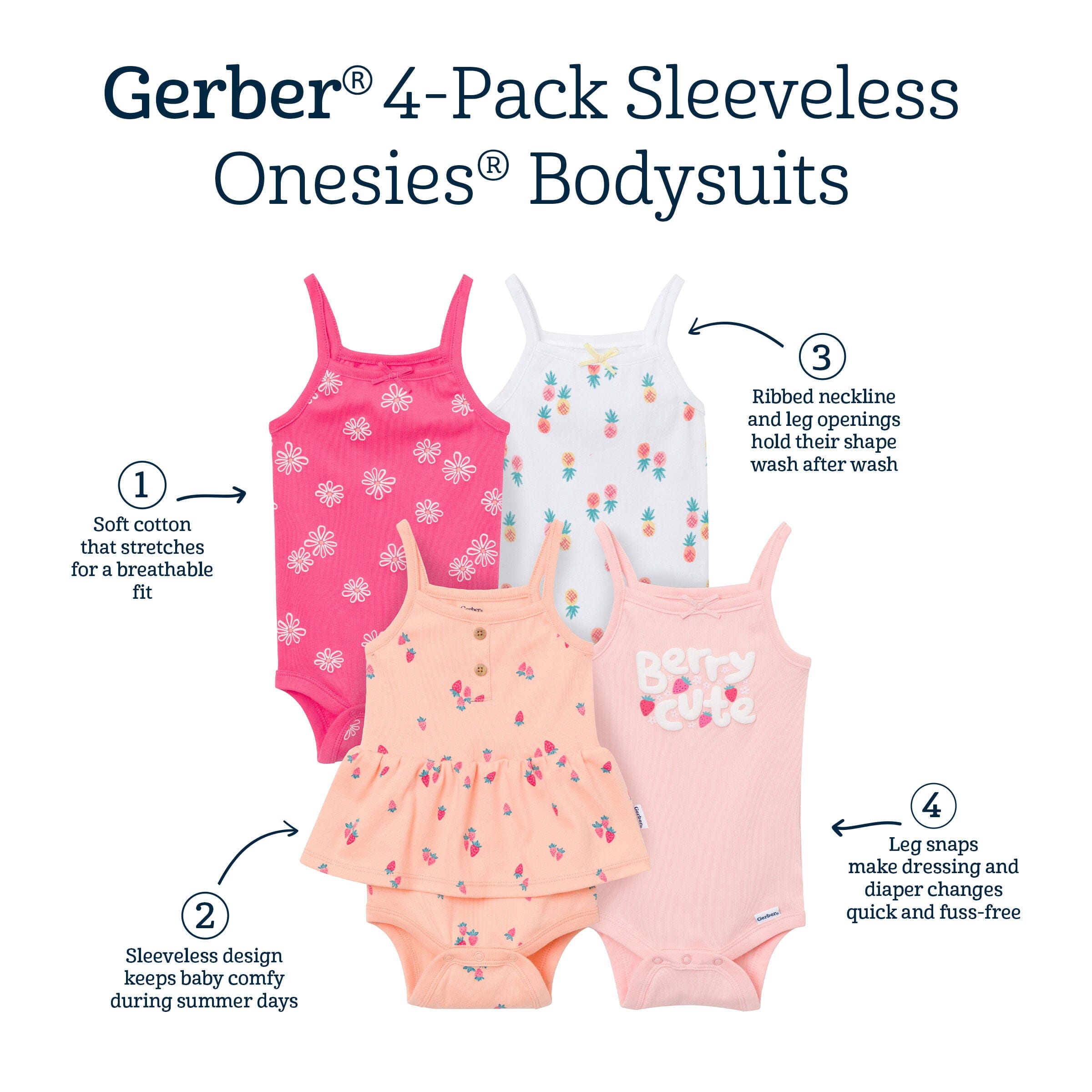 4-Pack Baby Girls Berries Sleeveless Bodysuits - Image 10