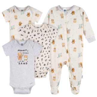 4-Pack Baby Neutral Musical Animals Onesies® Bodysuits and Sleep 'N Play