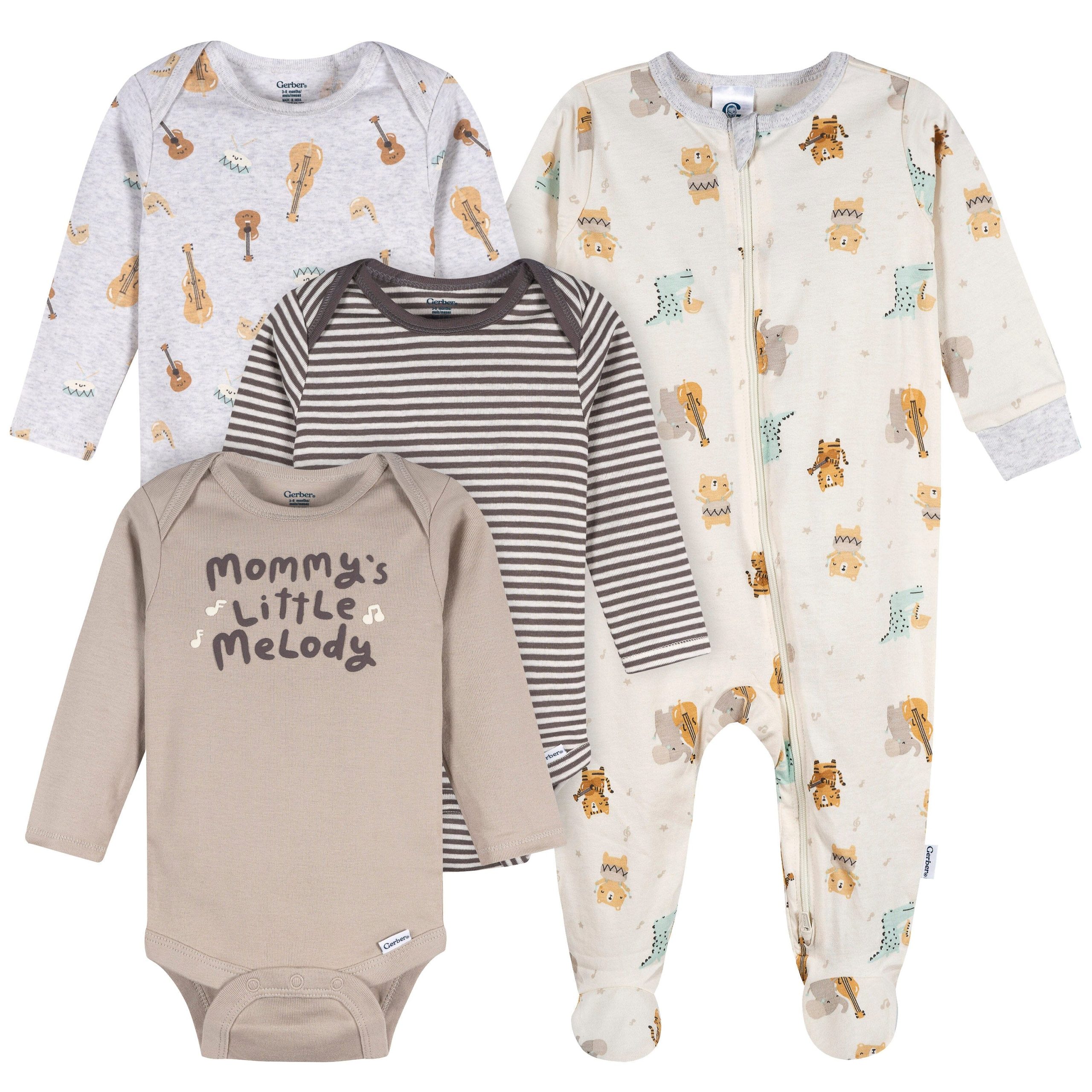 4-Pack Baby Neutral Musical Animals Long Sleeve Onesies® Bodysuits and Sleep 'N Play