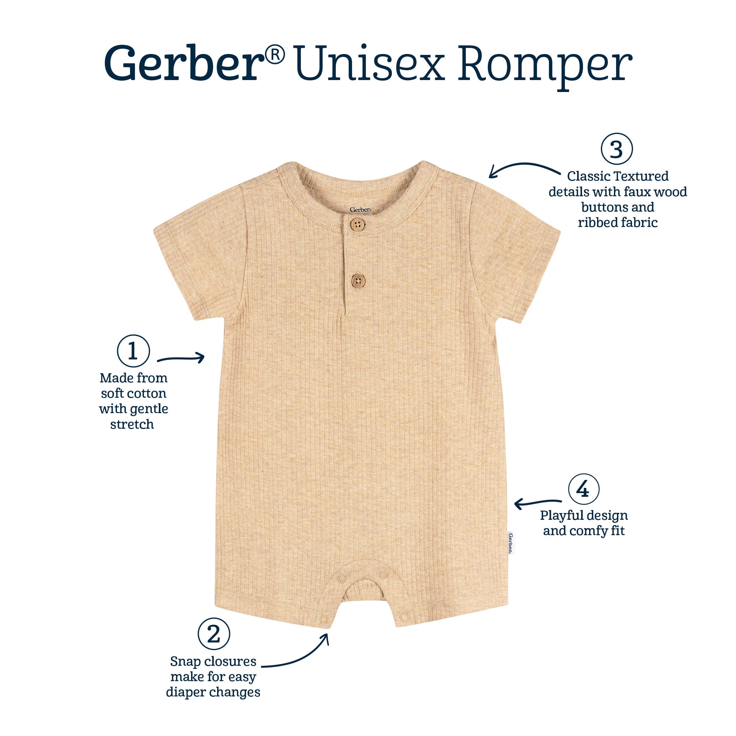 Baby Neutral Oatmeal Heather Short Sleeve Henley Romper - Image 6