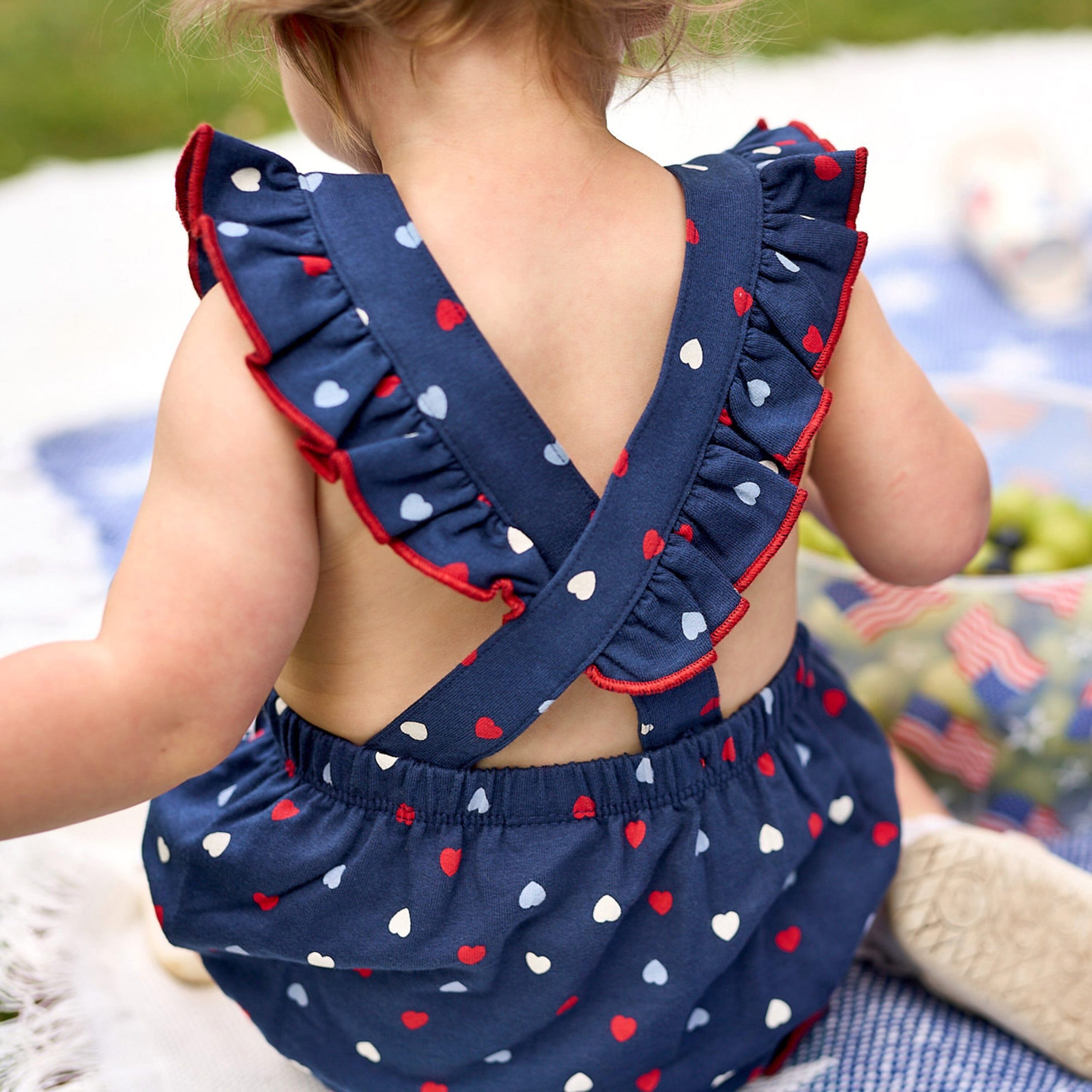 Baby Girls Red, White, & Blue Hearts Bubble Romper - Image 2