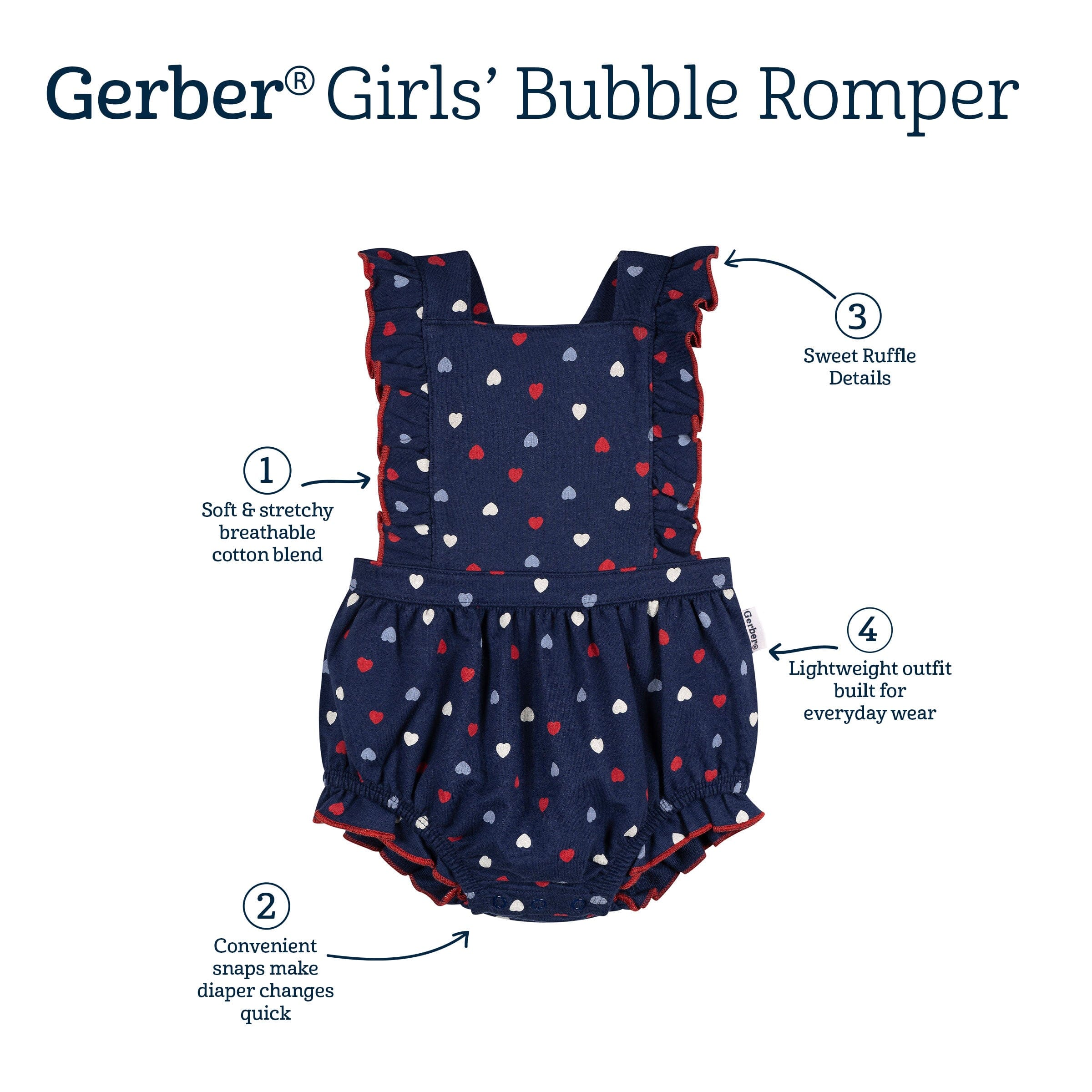 Baby Girls Red, White, & Blue Hearts Bubble Romper - Image 7