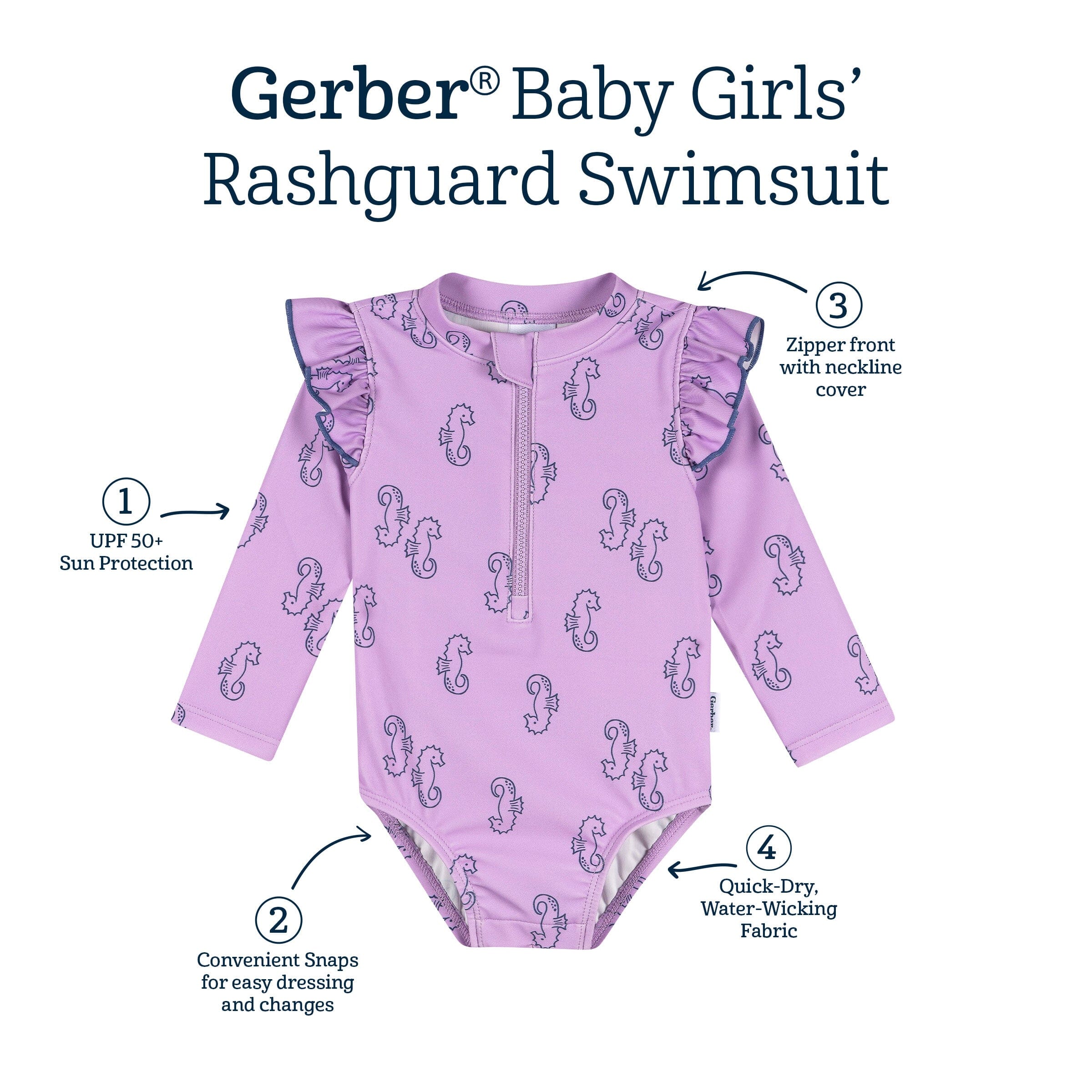 Baby Girls UPF 50+ Purple Seahorses Rash Guard - Image 10
