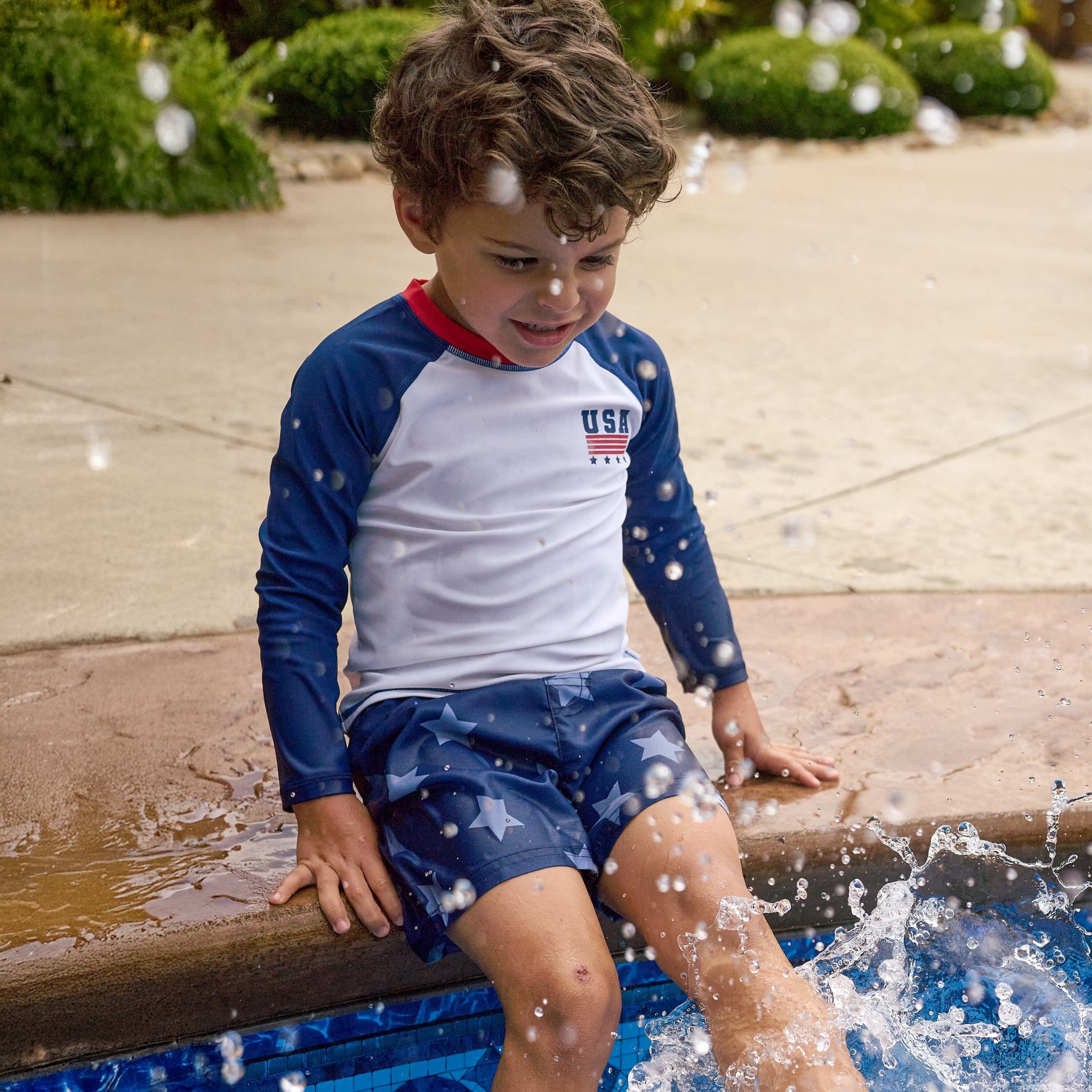 2-Piece Baby & Toddler Boys UPF 50+ Patriotic Stars Rash Guard & Swim Trunks Set - Image 2