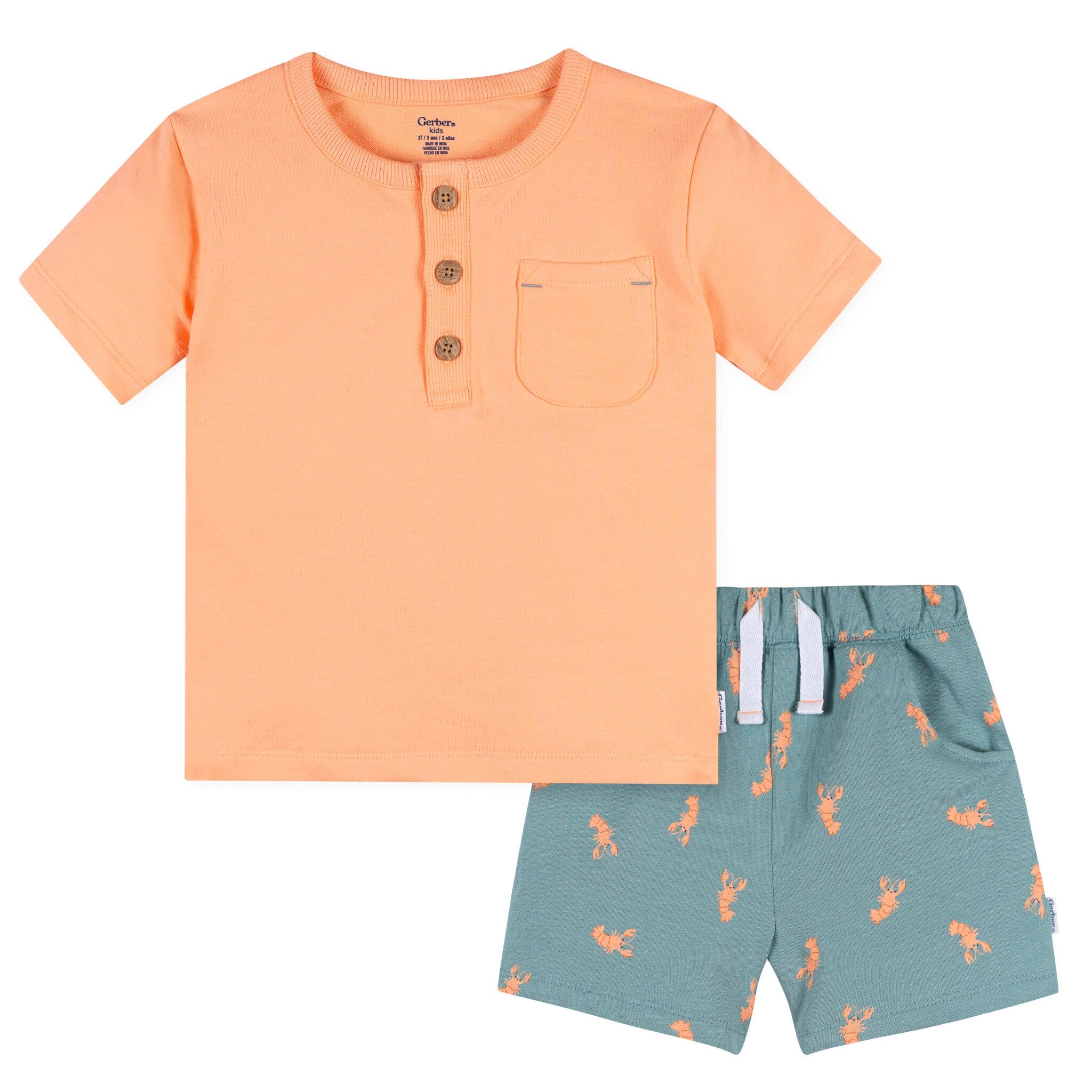 2-Piece Infant & Toddler Boys Peach Lobster Henley Top and Shorts Set