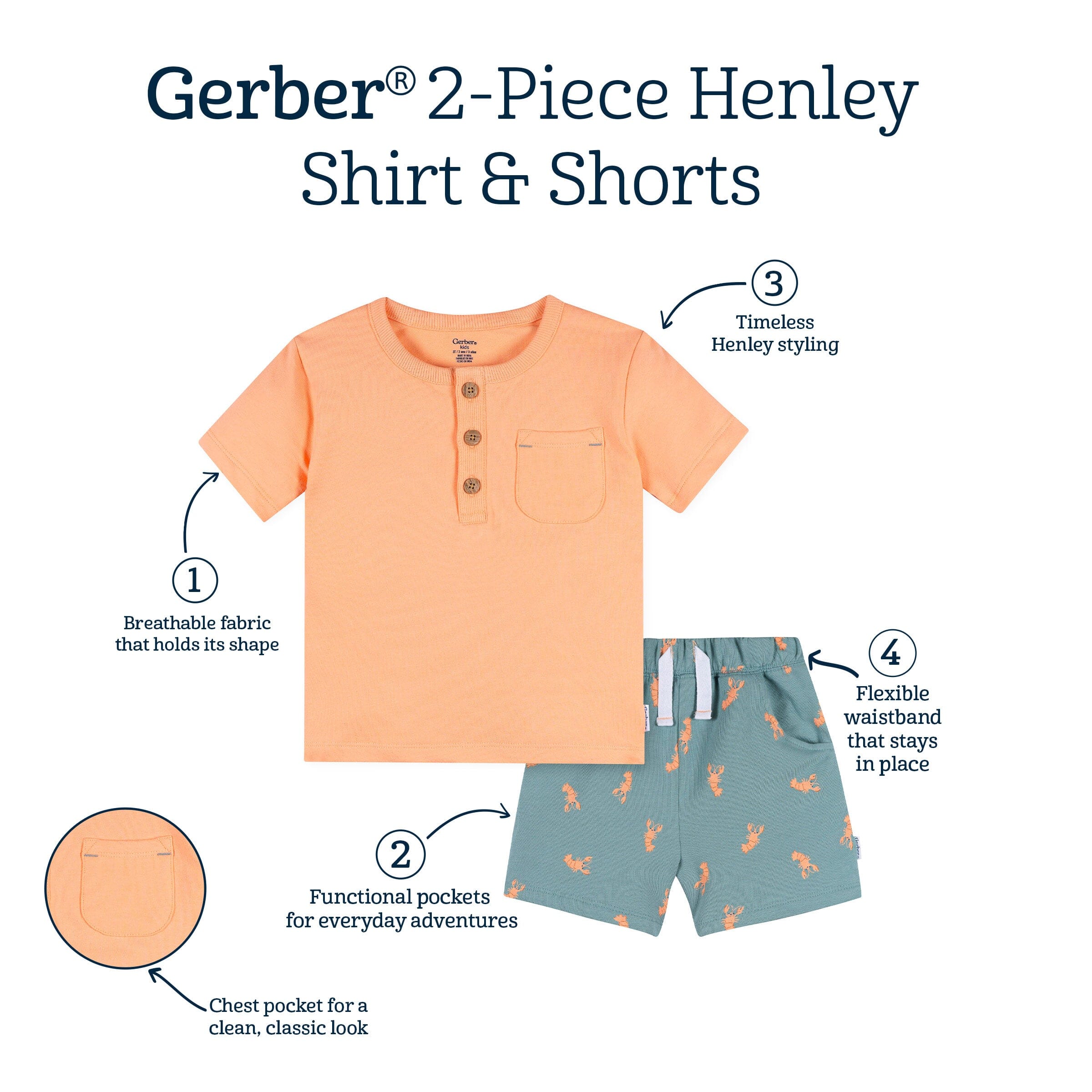 2-Piece Infant & Toddler Boys Peach Lobster Henley Top and Shorts Set - Image 12