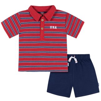 2-Piece Infant & Toddler Boys Red & Blue Stripe Polo Shirt and Shorts Set