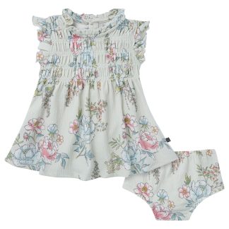 2-Piece Baby Girls Blue Floral Smocked Dress and Diaper Cover
